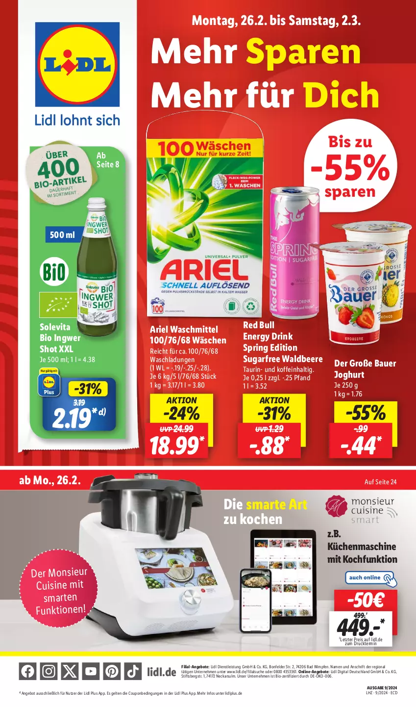 Aktueller Prospekt Lidl - Aktionsprospekt - von 26.02 bis 02.03.2024 - strona 1 - produkty: angebot, angebote, ariel, ariel waschmittel, auer, Bad, Bau, Bauer, beere, bio, coupon, drink, eis, energy drink, ingwer, joghur, joghurt, Monsieur Cuisine, red bull, reis, ring, Ti, vita, waschmittel, ZTE