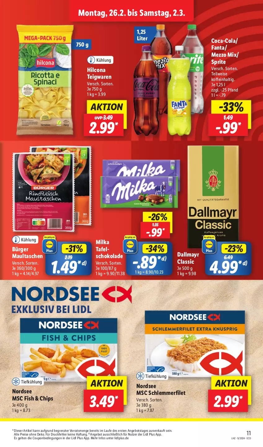 Aktueller Prospekt Lidl - Aktionsprospekt - von 26.02 bis 02.03.2024 - strona 13 - produkty: angebot, chips, coca-cola, cola, coupon, dallmayr, eis, fanta, filet, hilcona, maultaschen, Mezzo Mix, milka, Nordsee, reis, schlemmerfilet, schoko, schokolade, sprite, tafelschokolade, Tasche, taschen, teigwaren, Ti, ZTE