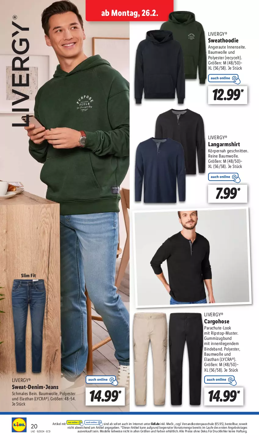 Aktueller Prospekt Lidl - Aktionsprospekt - von 26.02 bis 02.03.2024 - strona 24 - produkty: angebot, Bau, baumwolle, dell, eis, elle, hose, jeans, Langarmshirt, Liege, livergy, Mode, ndk, reine baumwolle, reis, Schal, Schale, schnitten, shirt, Ti, wolle, ZTE