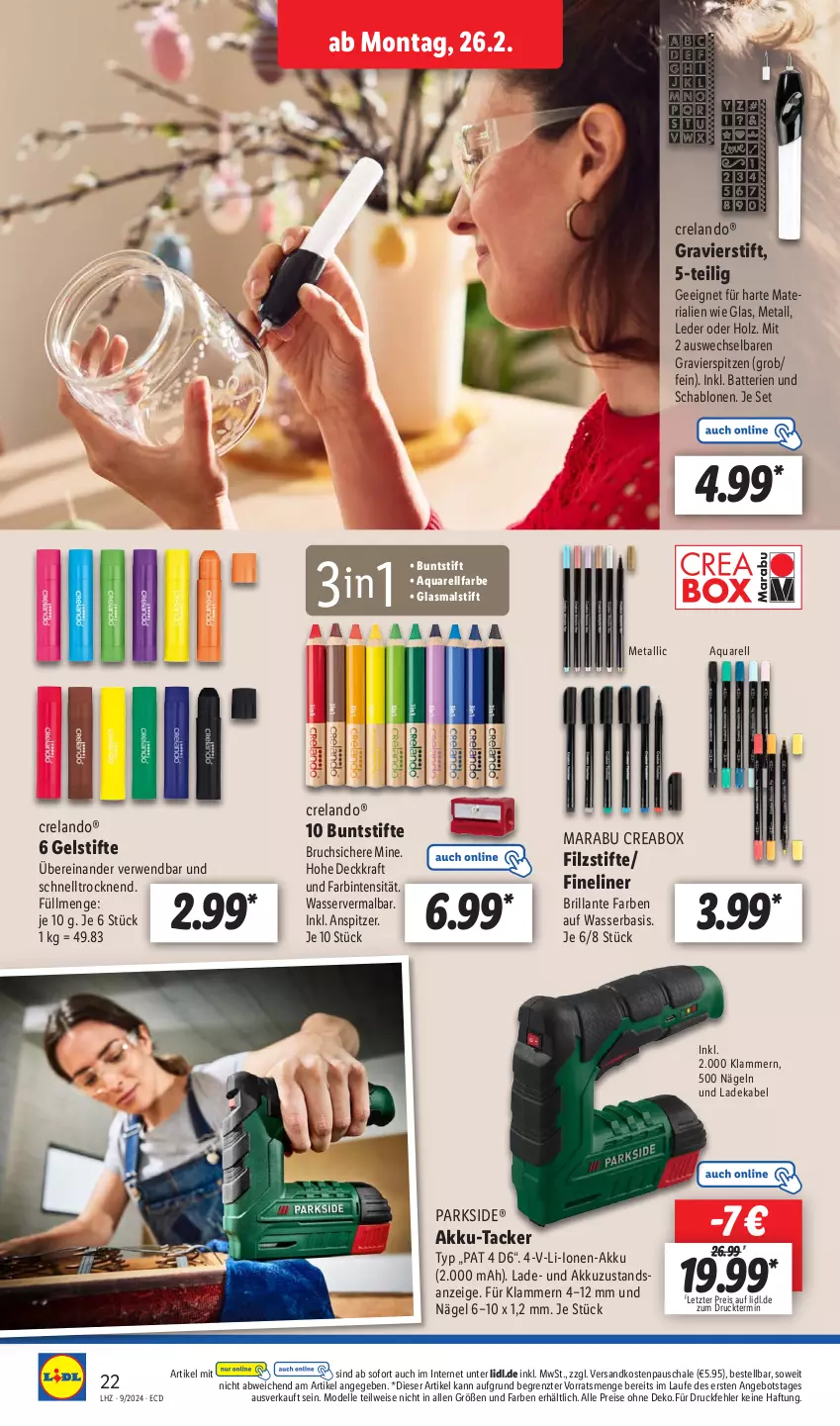 Aktueller Prospekt Lidl - Aktionsprospekt - von 26.02 bis 02.03.2024 - strona 26 - produkty: akku, angebot, aqua, batterie, batterien, buntstifte, deka, dell, eis, Elan, elle, Fineliner, Holz, Klammern, kraft, ladekabel, lamm, Mode, ndk, Parkside, reis, rel, Ria, rwe, Schal, Schale, stifte, Ti, wasser, ZTE