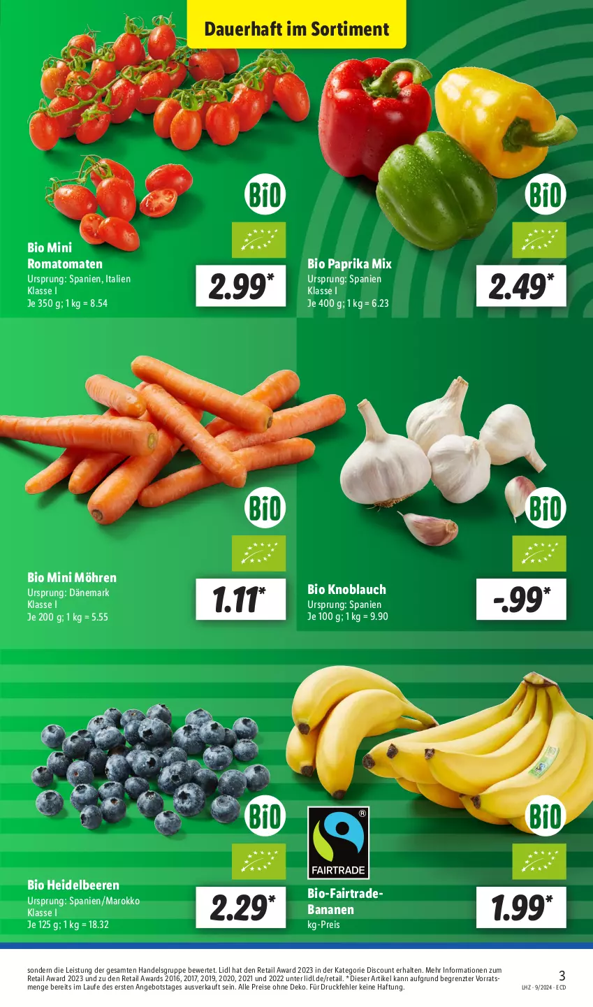 Aktueller Prospekt Lidl - Aktionsprospekt - von 26.02 bis 02.03.2024 - strona 3 - produkty: angebot, auer, banane, bananen, beere, beeren, bio, discount, eis, heidelbeere, heidelbeeren, knoblauch, möhren, paprika, paprika mix, reis, Romatomaten, Ti, tomate, tomaten, ZTE