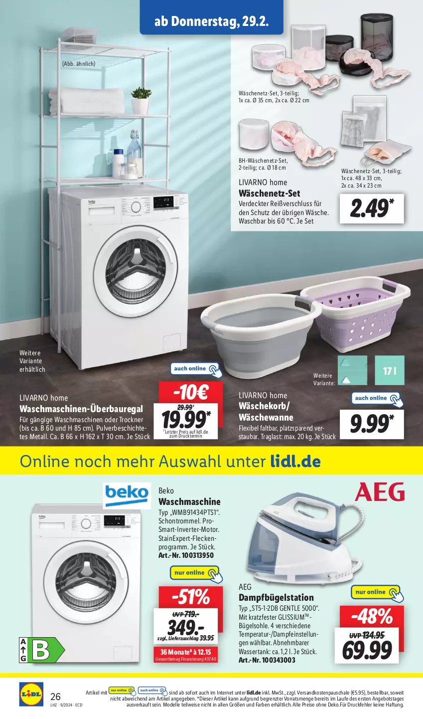 Aktueller Prospekt Lidl - Aktionsprospekt - von 26.02 bis 02.03.2024 - strona 30 - produkty: aeg, angebot, Bau, beko, bügel, Bügelstation, dampfbügelstation, dell, eis, elle, erde, gliss, korb, Mode, ndk, regal, reis, Ria, Schal, Schale, Ti, Trockner, trommel, Wanne, wäschekorb, waschmaschine, waschmaschinen, wasser, wassertank, ZTE