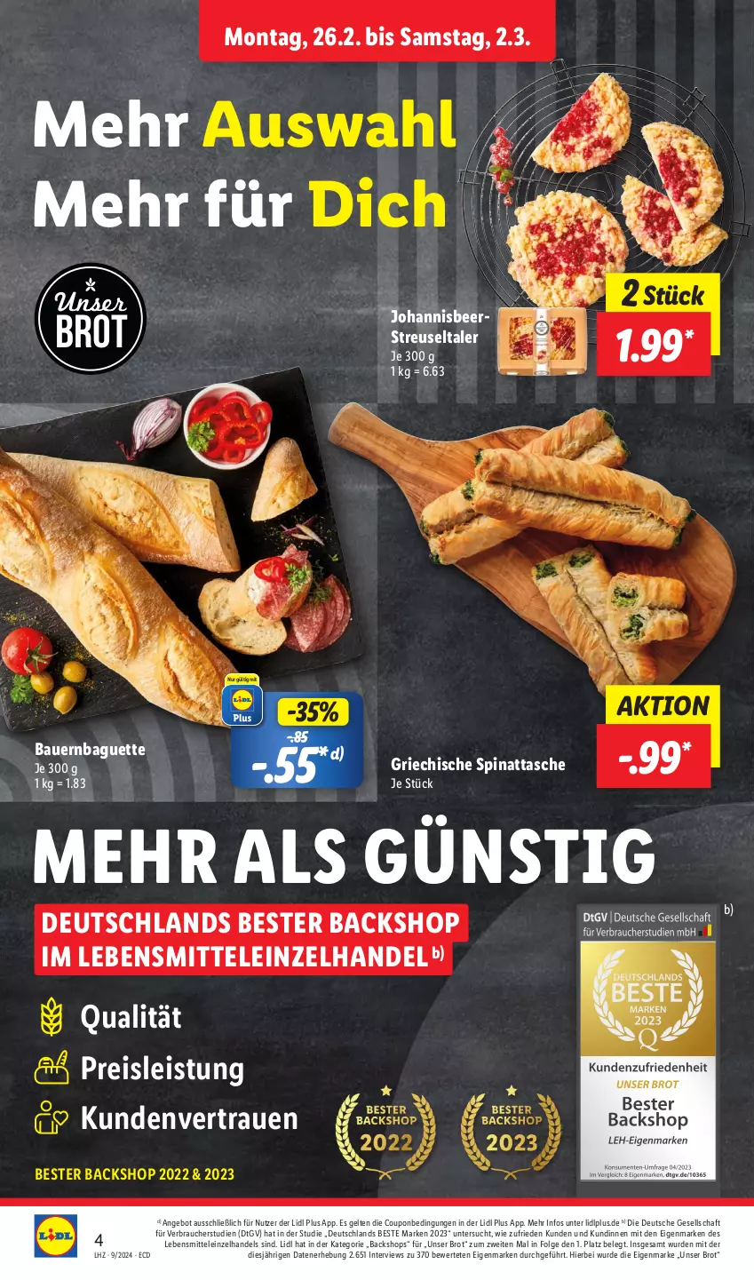 Aktueller Prospekt Lidl - Aktionsprospekt - von 26.02 bis 02.03.2024 - strona 4 - produkty: angebot, auer, baguette, Bau, Bauer, brot, coupon, eis, lebensmittel, LG, Rauch, reis, spinat, Tasche, Ti