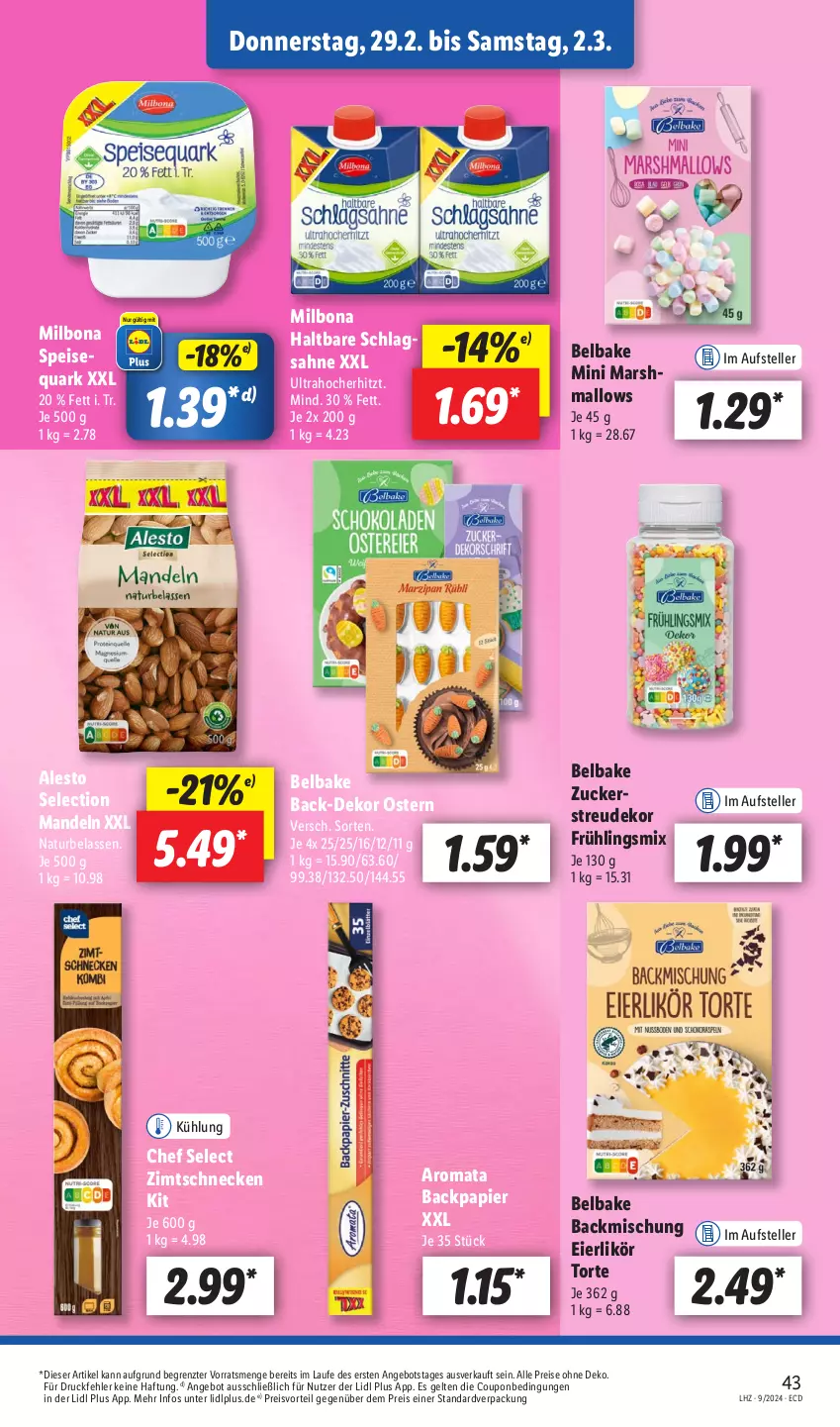 Aktueller Prospekt Lidl - Aktionsprospekt - von 26.02 bis 02.03.2024 - strona 49 - produkty: alesto, angebot, backmischung, Bona, coupon, eier, eierlikör, eis, elle, likör, mandel, mandeln, mars, Milbona, natur, papier, preisvorteil, quark, reis, sahne, schlagsahne, speisequark, teller, Ti, torte, ZTE, zucker