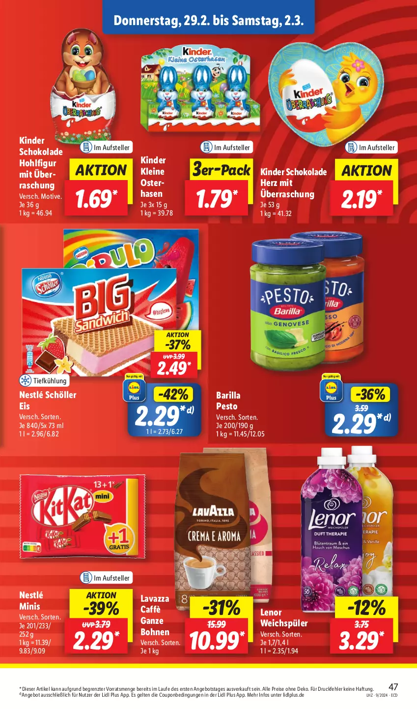 Aktueller Prospekt Lidl - Aktionsprospekt - von 26.02 bis 02.03.2024 - strona 53 - produkty: angebot, barilla, bohne, bohnen, coupon, eis, elle, Kinder, kinder schokolade, lavazza, leine, lenor, lenor weichspüler, nestlé, nestlé schöller, pesto, reis, schoko, schokolade, Schöller, teller, Ti, weichspüler, ZTE