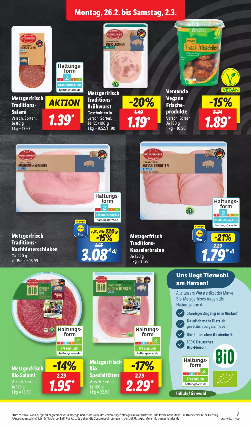 Aktueller Prospekt Lidl - Aktionsprospekt - von 26.02 bis 02.03.2024 - strona 9 - produkty: angebot, bio, braten, Brühwurst, coupon, eis, ente, fleisch, hinterschinken, kasseler, Kasselerbraten, reis, salami, schinken, schnitten, Spezi, Ti, wurst, ZTE