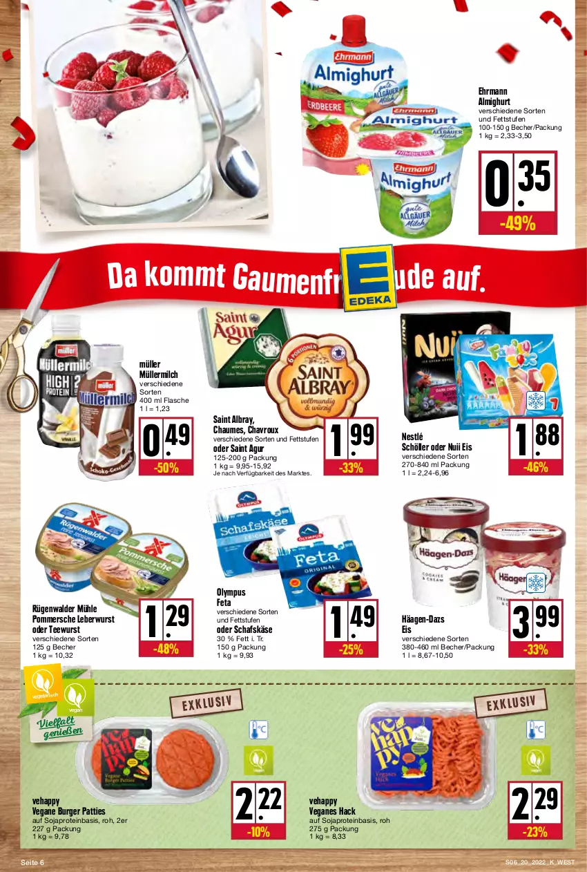 Aktueller Prospekt Kupsch - Angebote der Woche - von 16.05 bis 21.05.2022 - strona 6 - produkty: albray, almighur, almighurt, Becher, burger, chaumes, chavroux, ehrmann, ehrmann almighurt, eis, feta, flasche, häagen-dazs, Käse, leberwurst, milch, Müller, müllermilch, nestlé, nestlé schöller, nuii, Pommersche, rügenwalder, rügenwalder mühle, Saint Agur, saint albray, schafskäse, Schöller, soja, tee, teewurst, Ti, Vegeta, wurst