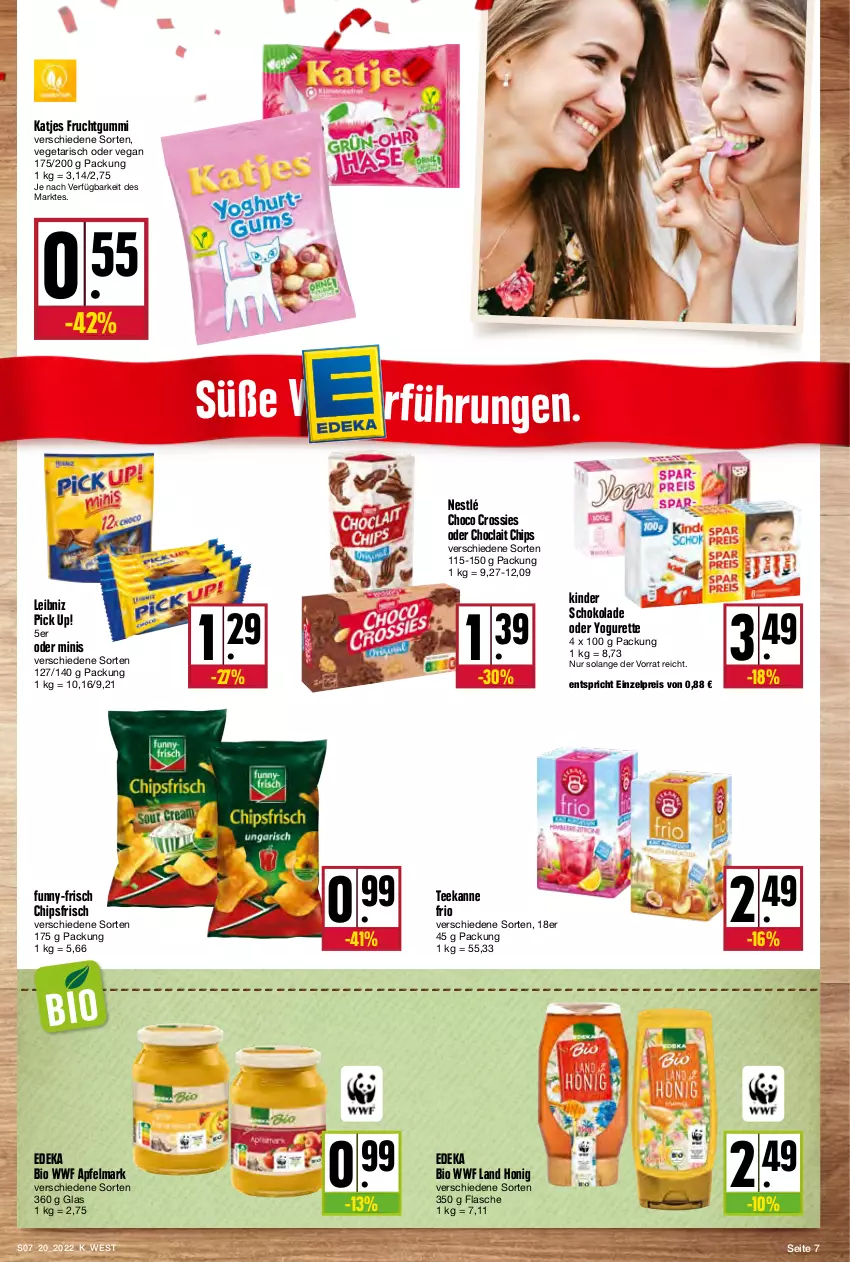 Aktueller Prospekt Kupsch - Angebote der Woche - von 16.05 bis 21.05.2022 - strona 7 - produkty: apfel, bio, chips, chipsfrisch, choclait chips, choco crossies, crossies, deka, edeka bio, eis, flasche, frucht, fruchtgummi, funny-frisch, honig, katjes, Kinder, kinder schokolade, leibniz, nestlé, oder yogurette, Pick Up!, reis, schoko, schokolade, tee, teekanne, Vegeta, Yo, yogurette