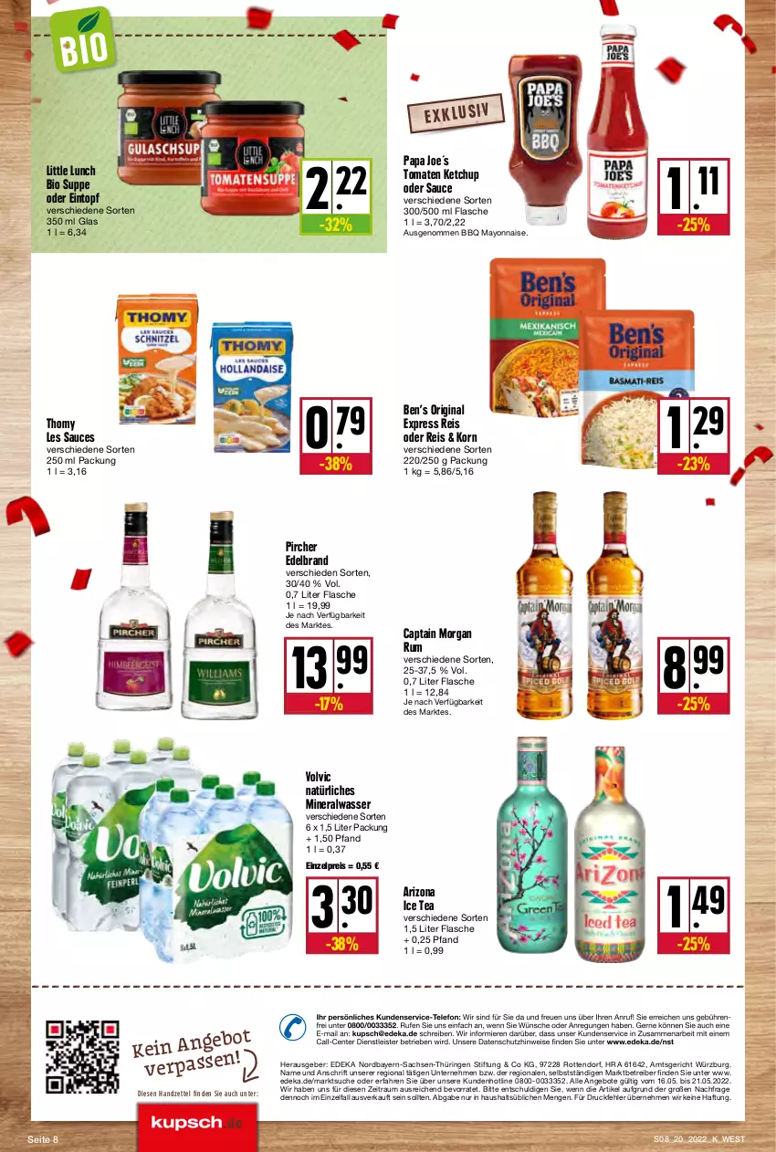 Aktueller Prospekt Kupsch - Angebote der Woche - von 16.05 bis 21.05.2022 - strona 8 - produkty: Alwa, angebot, angebote, Astra, Ben’s Original, bio, Cap, captain morgan, deka, eintopf, eis, ente, flasche, gin, ice tea, ketchup, korn, mayonnaise, mineralwasser, natürliches mineralwasser, pircher, Rauch, reis, ring, rum, sac, sauce, suppe, telefon, thomy, thomy les sauces, Ti, tomate, tomaten, tomaten ketchup, topf, volvic, volvic natürliches, wasser, Yo