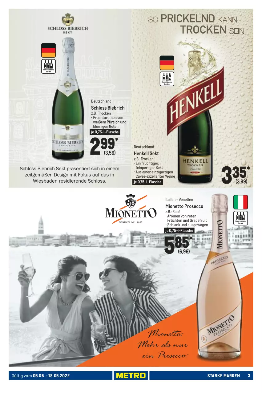 Aktueller Prospekt Metro - Starke Marken - von 05.05 bis 18.05.2022 - strona 3 - produkty: Bad, cuvée, ecco, elle, ente, flasche, frucht, früchte, früchten, grapefruit, henkel, henkell, henkell sekt, mionetto, pfirsich, prosecco, sekt, Ti, wein, weine