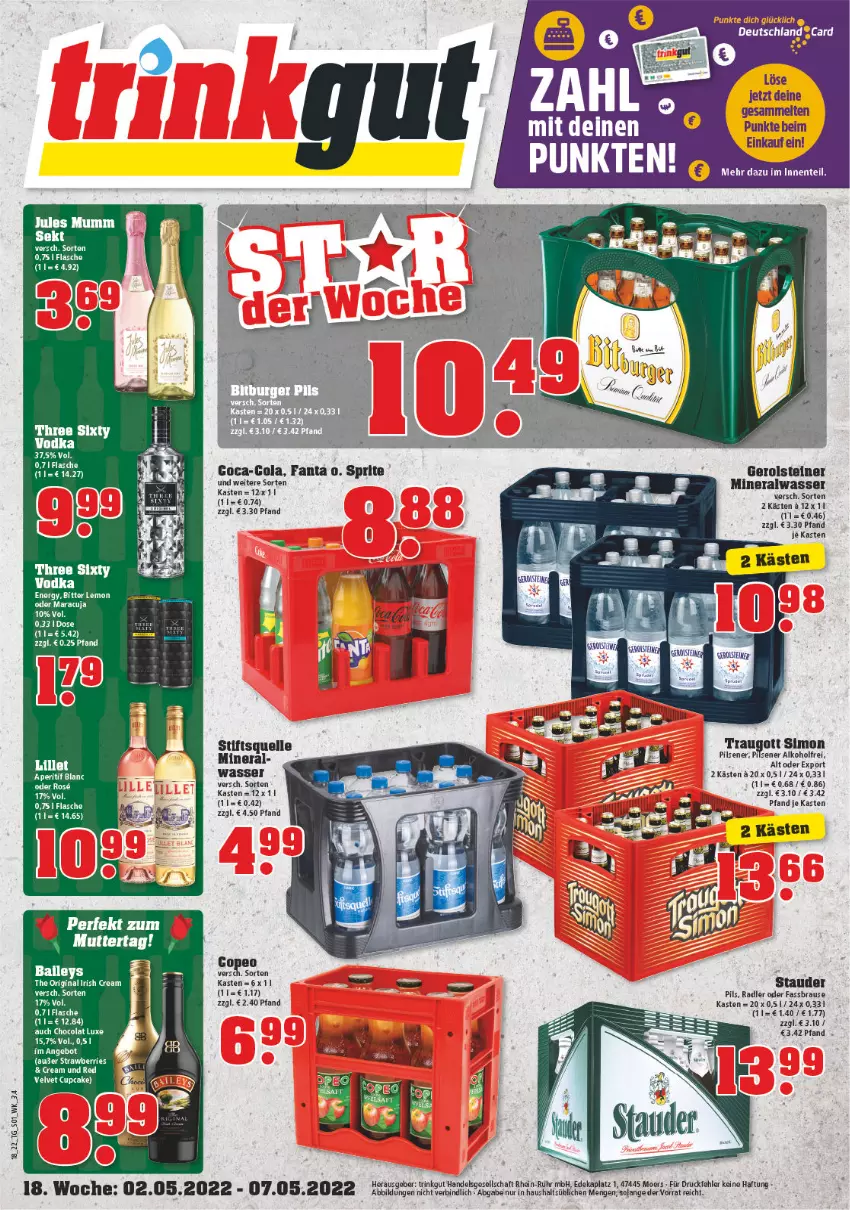 Aktueller Prospekt Trinkgut - von 02.05 bis 07.05.2022 - strona 1 - produkty: alkohol, Alwa, aperitif, baileys, bitter lemon, brause, coca-cola, cola, deka, elle, fanta, fassbrause, gerolsteine, gerolsteiner, gin, irish cream, lillet, mineralwasser, pils, pilsener, radler, sim, sprite, steiner, Ti, uhr, velvet, vodka, wasser