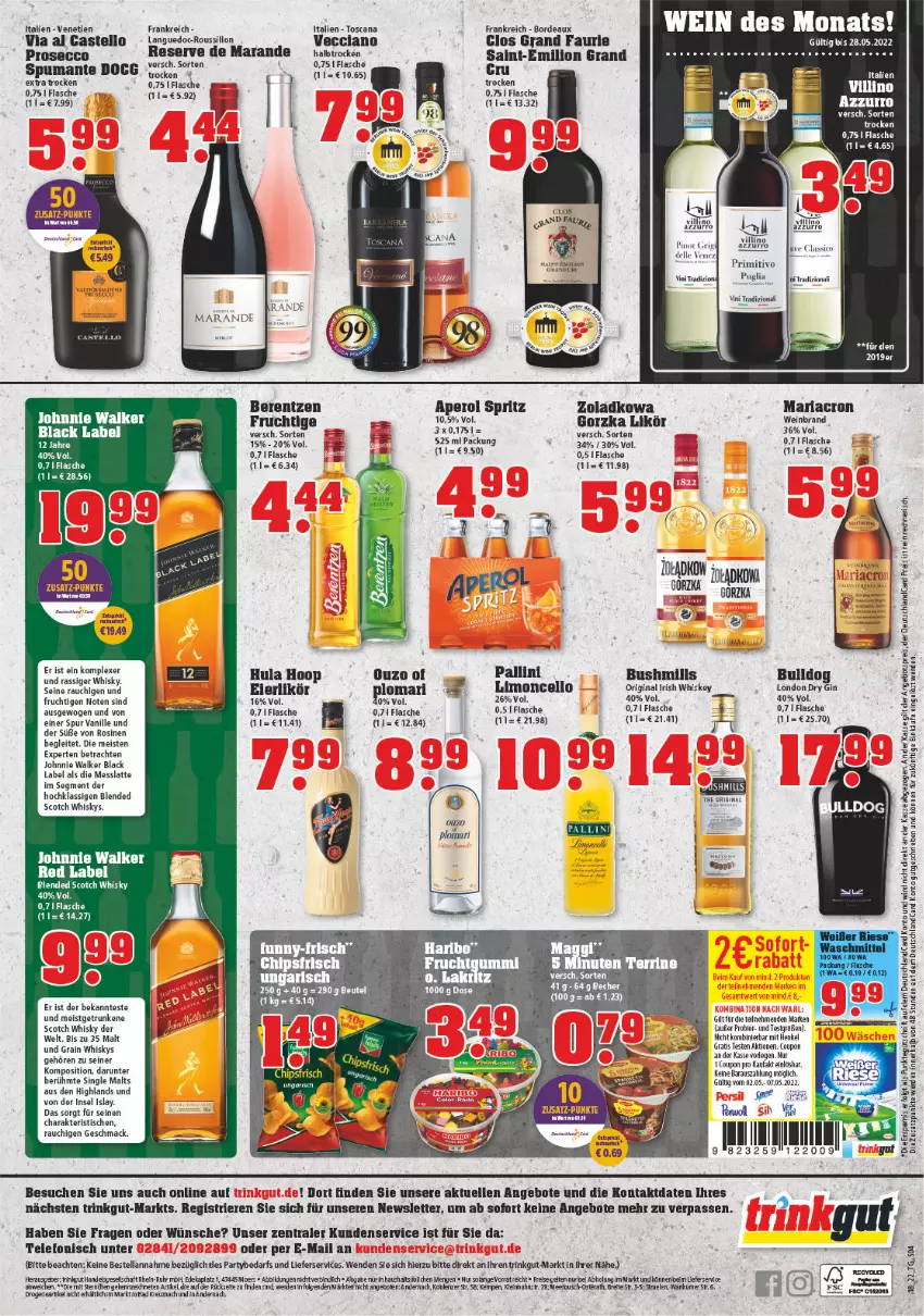 Aktueller Prospekt Trinkgut - von 02.05 bis 07.05.2022 - strona 4 - produkty: angebot, angebote, angebotspreis, aperol, arla, berentzen, black label, blended scotch, blended scotch whisky, Bulldog, Cars, classico, coupon, deka, dell, deutschlandcard, dry gin, ecco, eier, eierlikör, eis, elle, ente, erde, flasche, frucht, gin, henkel, Hula Hoop, irish whiskey, johnnie walker, lack, latte, lieferservice, likör, limo, lion, london dry, london dry gin, mac, merl, merlot, Messlatte, ouzo, Pinot, primitivo, prosecco, puma, Rauch, reis, rel, scotch, scotch whisky, single malt, spumante, tee, telefon, Ti, tisch, uhr, valdo, vanille, wein, weinbrand, whiskey, whisky