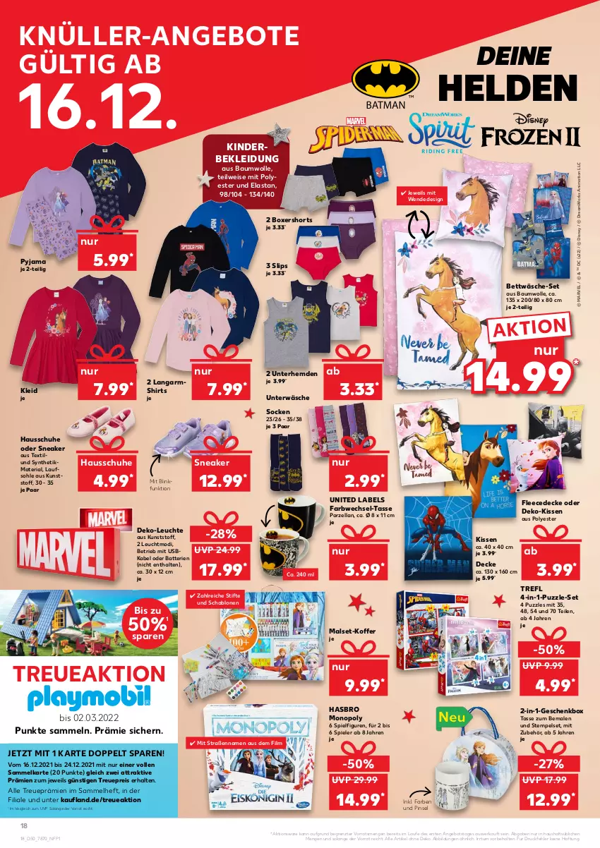 Aktueller Prospekt Kaufland - von 16.12 bis 24.12.2021 - strona 18 - produkty: angebot, angebote, batterie, batterien, Bau, baumwolle, bett, bettwäsche, decke, disney, eis, fleecedecke, Geschenkbox, Hasbro, Hausschuhe, hemd, hemden, Kinder, kissen, kleid, Kleidung, koffer, Langarmshirt, Leuchte, Pinsel, Puzzle, Pyjama, reis, Ria, schuhe, shirt, shirts, shorts, slip, slips, sneaker, socken, Spiele, stifte, tasse, Ti, Unterhemd, unterhemden, Unterwäsche, usb, wolle, ZTE