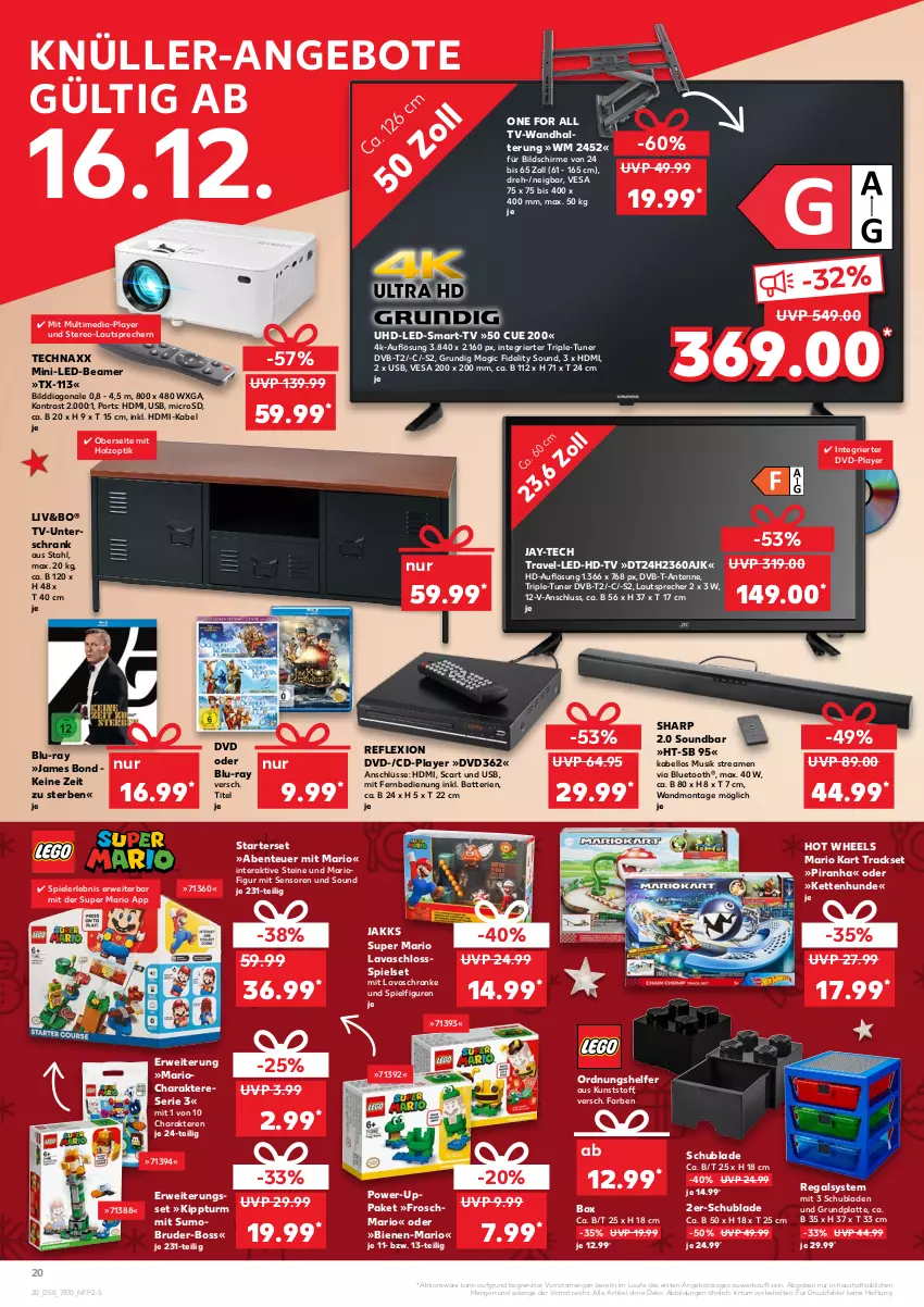 Aktueller Prospekt Kaufland - von 16.12 bis 24.12.2021 - strona 20 - produkty: angebot, angebote, batterie, batterien, blu-ray, boss, dvb, DVB-T, dvd, ente, fernbedienung, Frosch, grundig, HDMI, Holz, Hot Wheels, Kette, latte, lautsprecher, microsd, mit fernbedienung, regal, rwe, schirme, Schrank, schubladen, Sharp, soundbar, Spiele, technaxx, Ti, tuner, uhd, unterschrank, usb, wandhalterung, ZTE