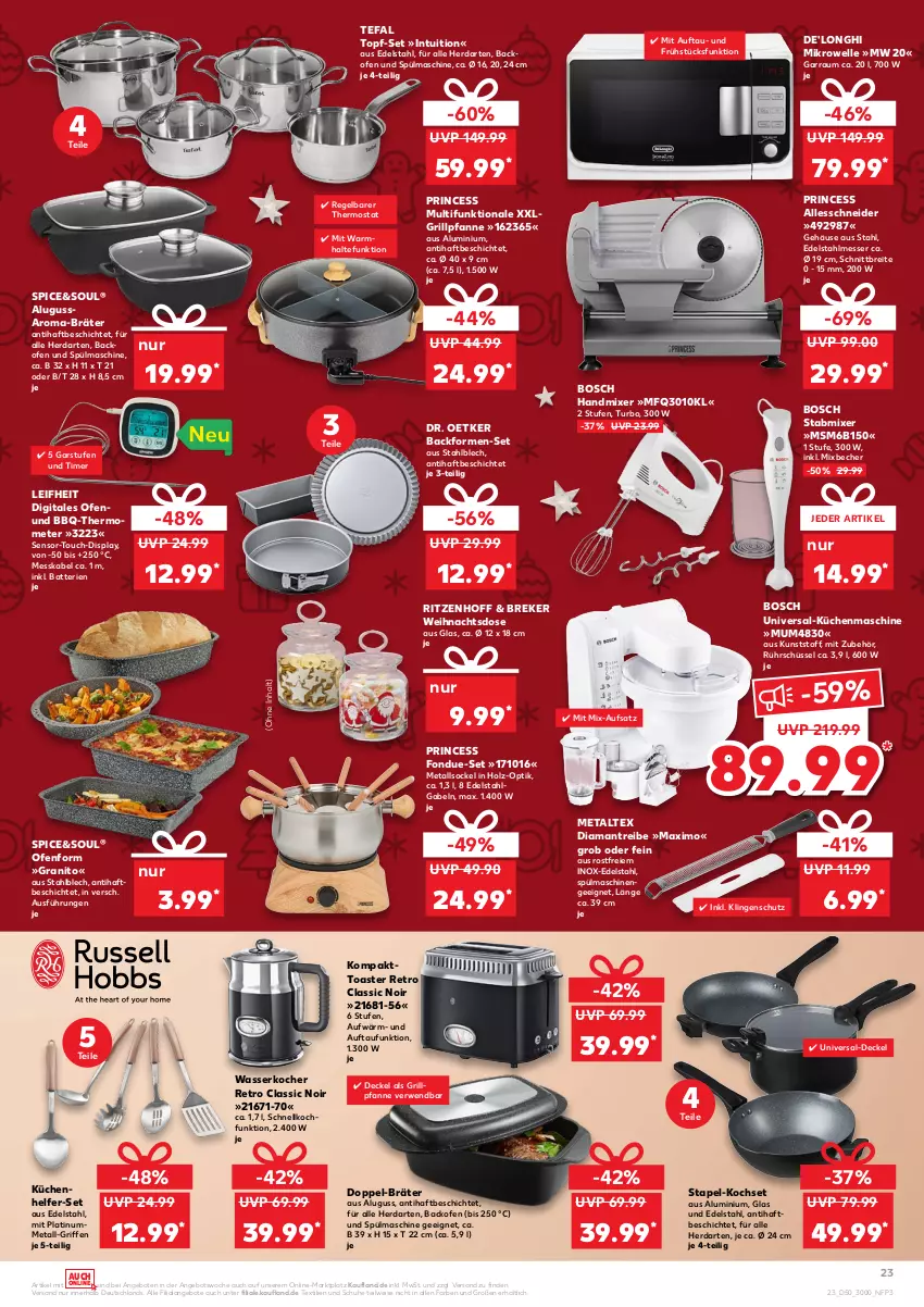 Aktueller Prospekt Kaufland - von 16.12 bis 24.12.2021 - strona 23 - produkty: angebot, angebote, Backform, backofen, backofen und, batterie, batterien, Becher, bosch, Brei, De'Longhi, decke, Deckel, Dr. Oetker, edelstahl, edelstahlmesser, eis, elle, Fondue, gabel, garraum, grill, Grillpfanne, handmixer, herdarten, Holz, Kocher, küche, Küchen, Küchenhelfer, küchenmaschine, leifheit, LG, messer, metaltex, mikrowelle, Mixer, Ofen, pfanne, Rührschüssel, rwe, saro, schuhe, schüssel, spülmaschinen, stabmixer, tefal, thermometer, thermostat, Ti, timer, toast, toaster, topf, topf-set, wasser, wasserkocher