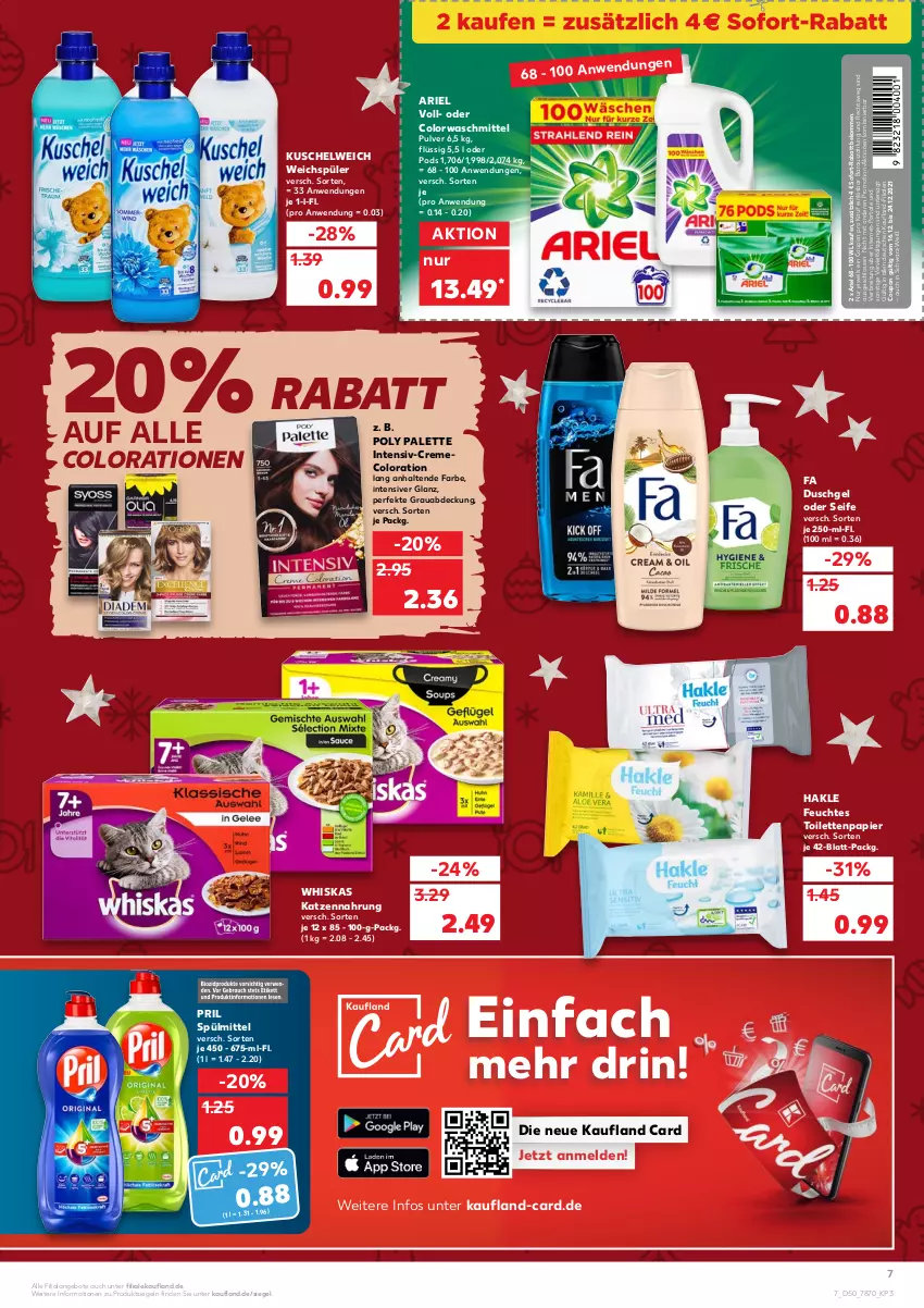 Aktueller Prospekt Kaufland - von 16.12 bis 24.12.2021 - strona 7 - produkty: angebot, angebote, ariel, beko, Brei, Colorationen, colorwaschmittel, coupon, creme, duschgel, fa duschgel, feuchtes toilettenpapier, hakle, katzennahrung, Kuschelweich, Palette, papier, Pods, pril, Seife, sofort-rabatt, spülmittel, Ti, toilettenpapier, waschmittel, weichspüler, whiskas