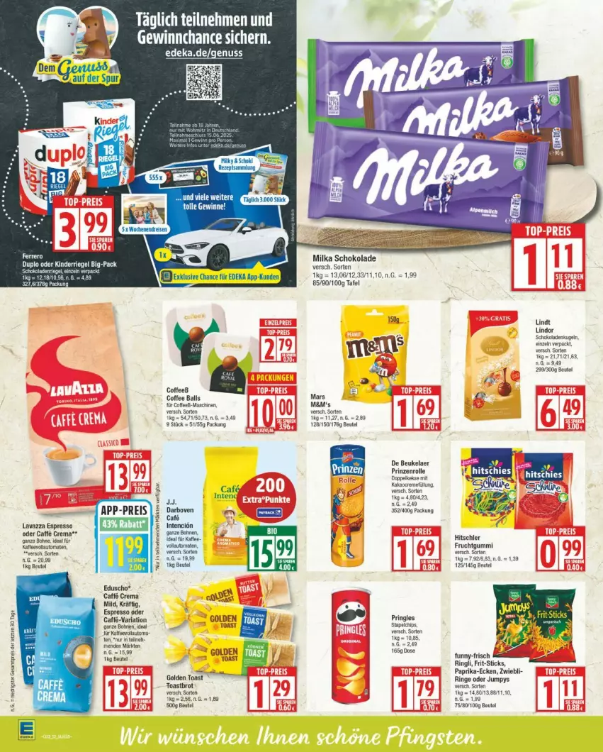 Aktueller Prospekt Edeka - Prospekte - von 02.06 bis 07.06.2025 - strona 12 - produkty: arla, ball, Bau, beutel, brot, caffe, creme, de beukelaer, duplo, eis, espresso, espresso oder, ferrero, Frit-Sticks, frucht, fruchtgummi, funny-frisch, golden toast, hitschler, kakao, keks, kekse, Kinder, lavazza, lindor, lindt, milka, milka schokolade, Oppo, paprika, pringles, prinzenrolle, reis, riegel, ring, schoko, schokolade, Ti, toast, Toastbrot, ZTE