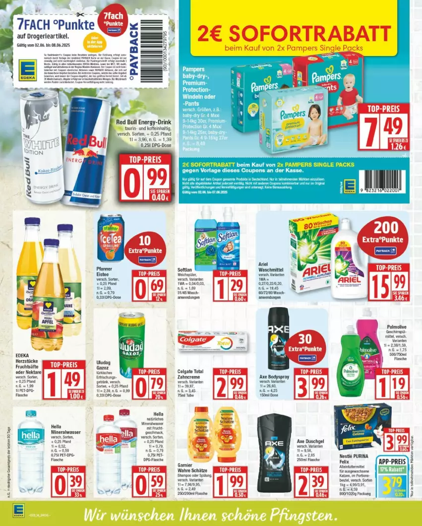 Aktueller Prospekt Edeka - Prospekte - von 02.06 bis 07.06.2025 - strona 14 - produkty: Alwa, axe, axe duschgel, colgate, colgate total, coupon, coupons, creme, deka, drink, duschgel, eis, eistee, flasche, frucht, fruchtsäfte, hella, LG, mineralwasser, Nektar, pampers, payback, pfanne, Pfanner, red bull, reis, Ria, säfte, sofortrabatt, tee, Ti, top-preis, wasser, zahncreme, ZTE