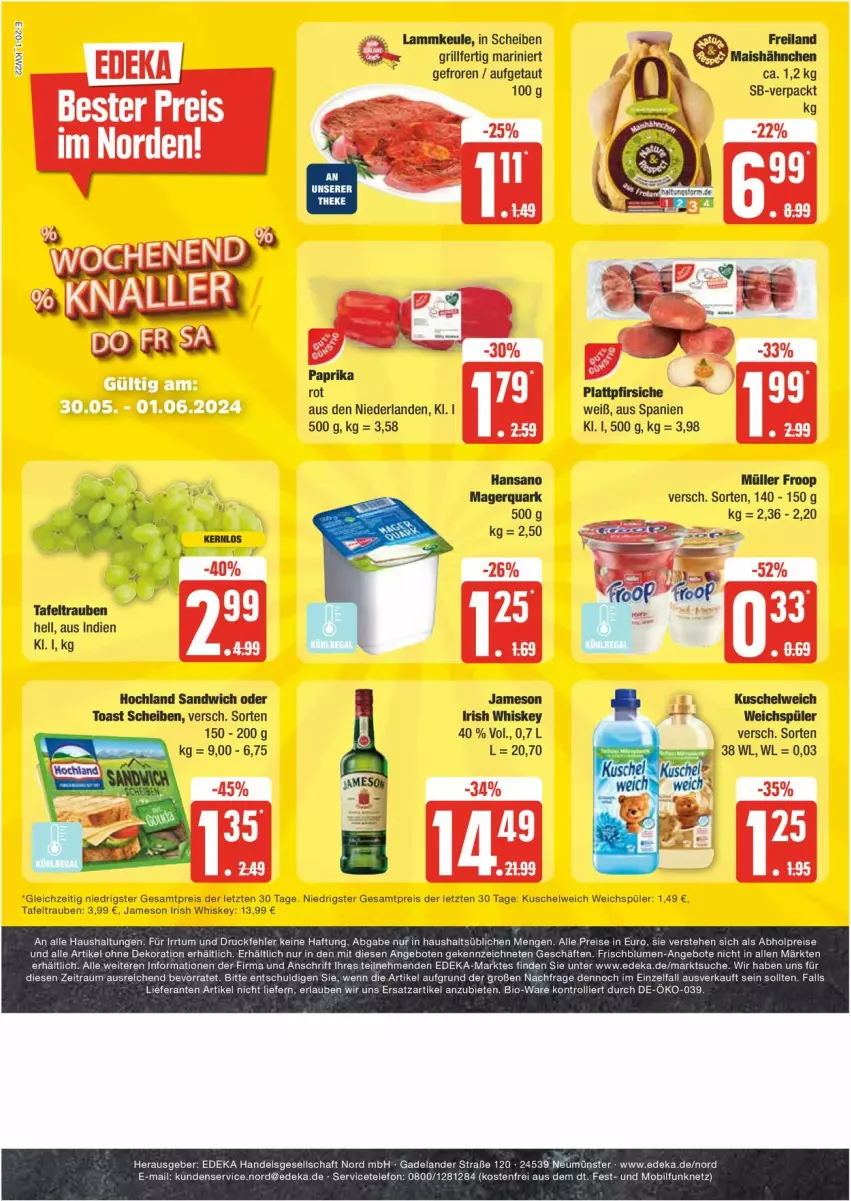 Aktueller Prospekt Edeka - Prospekte - von 27.05 bis 01.06.2024 - strona 20 - produkty: eis, froop, grill, irish whiskey, jameson, Kuschelweich, lamm, lammkeule, Müller, müller froop, quark, reis, tafeltrauben, Ti, trauben, weichspüler, whiskey, ZTE