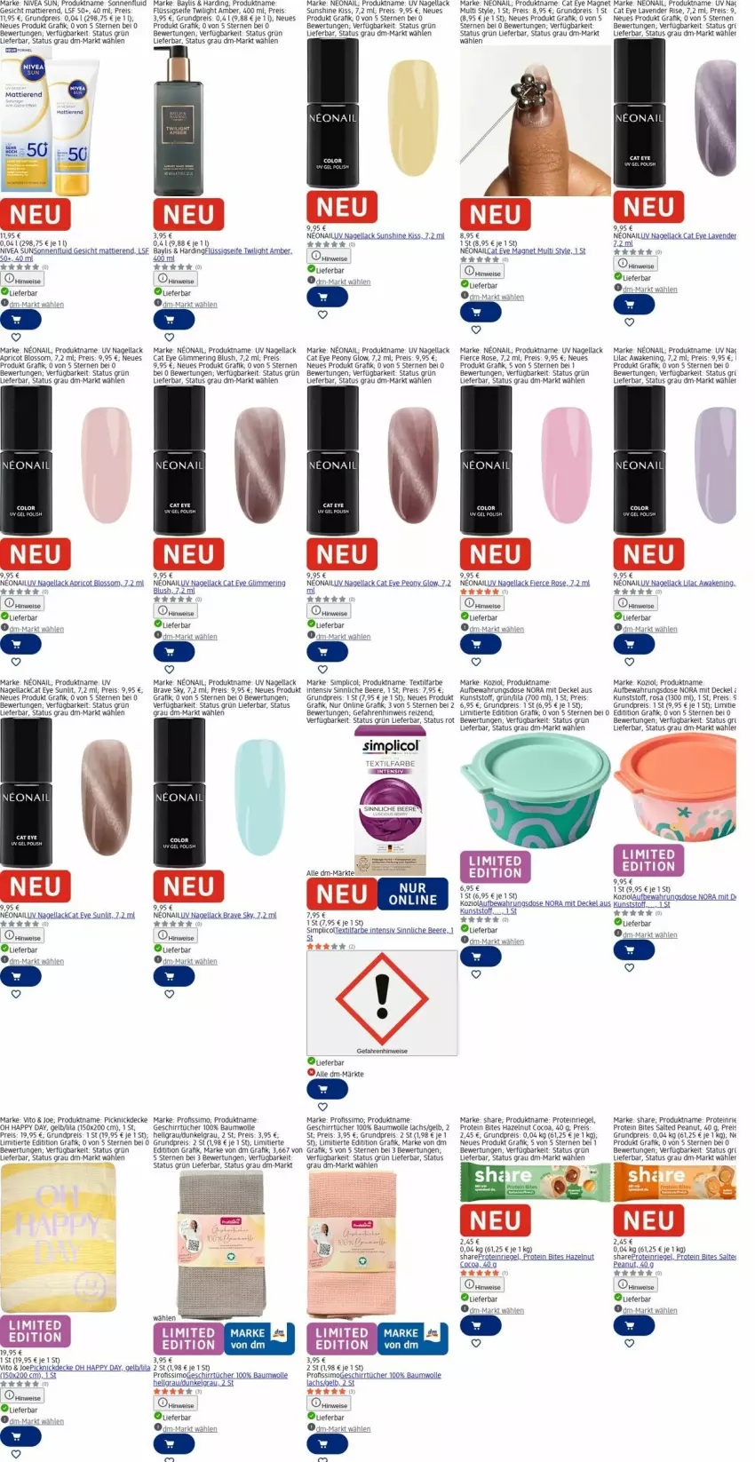 Aktueller Prospekt Dm Drogerie - Prospekte - von 02.03 bis 11.03.2026 - strona 6 - produkty: Amber, Aufbewahrungsdose, Bau, baumwolle, beere, bites, cocos, decke, Deckel, eis, flüssigseife, geschirr, geschirrtücher, Happy Day, lachs, lack, LG, Nagellack, nivea, nivea sun, picknickdecke, Profissimo, reis, riegel, ring, Seife, sim, sunshine, Textilfarbe, Ti, Tiere, tücher, Wels, wolle