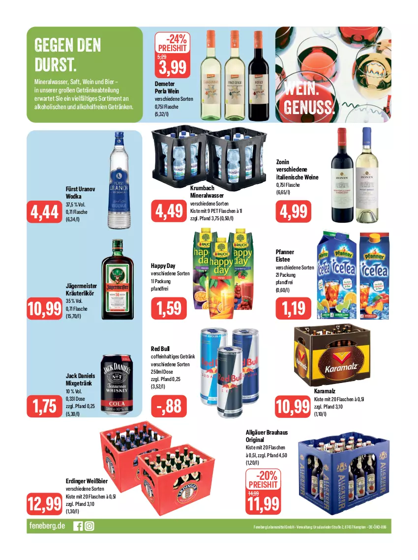 Aktueller Prospekt Feneberg - Prospekte - von 20.07 bis 22.07.2023 - strona 12 - produkty: Abtei, alkohol, Alwa, bier, coffein, eis, eistee, erdinger, flasche, Germ, getränk, getränke, gin, Happy Day, jack daniel, jack daniels, jägermeister, karamalz, kräuter, kräuterlikör, krumbach, lebensmittel, LG, likör, malz, Meister, mineralwasser, Mixgetränk, nuss, perla, pfanne, Pfanner, rama, red bull, reis, rum, saft, tee, Ti, wasser, wein, weine, wodka, zonin