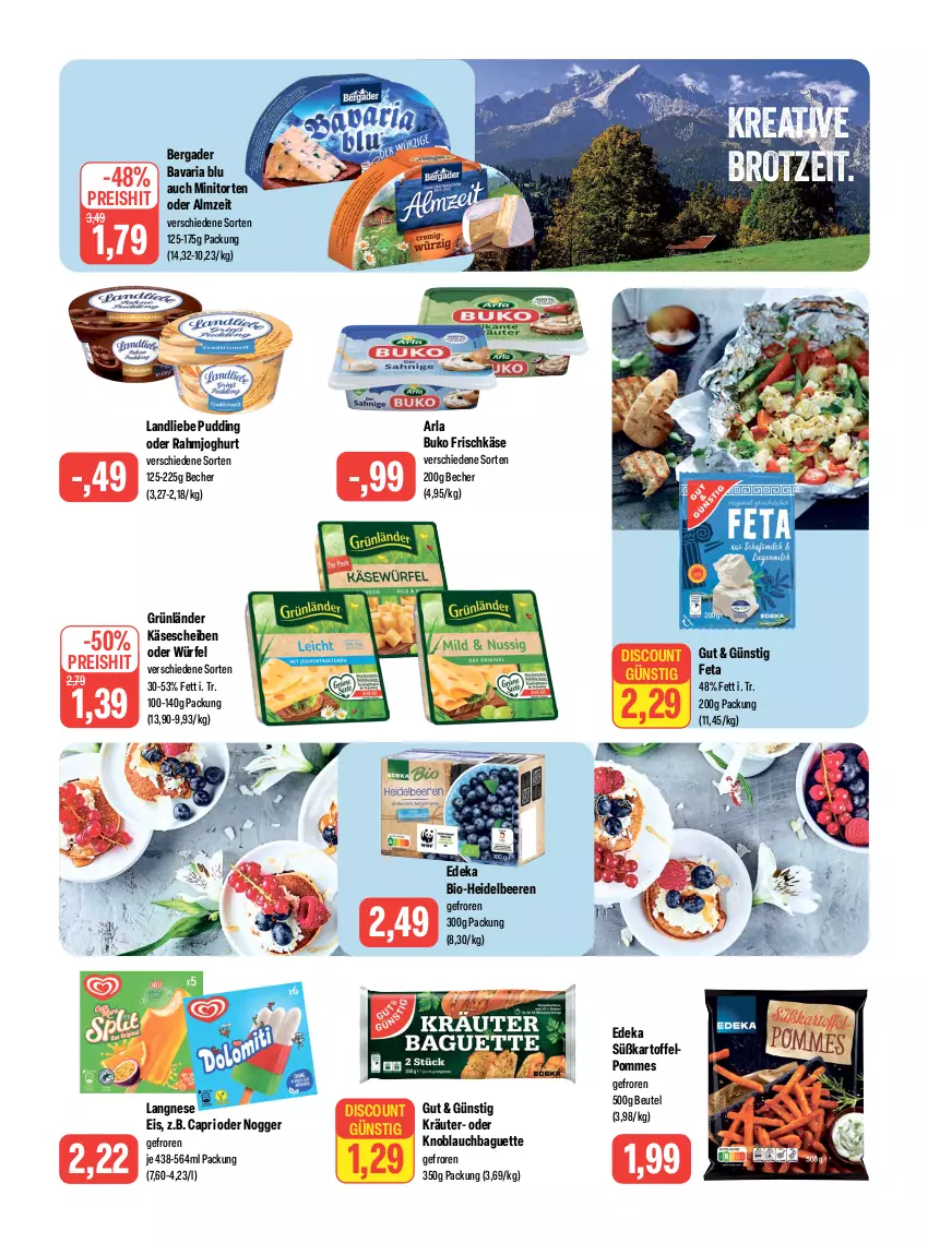 Aktueller Prospekt Feneberg - Prospekte - von 20.07 bis 22.07.2023 - strona 7 - produkty: arla, arla buko, baguette, bavaria blu, Becher, beere, beeren, bergader, beutel, bio, brot, Buko, Cap, deka, discount, edeka bio, eis, feta, frischkäse, grünländer, heidelbeere, heidelbeeren, joghur, joghurt, kartoffel, Käse, käsescheiben, knoblauch, Knoblauchbaguette, kräuter, landliebe, langnese, langnese eis, nogger, pommes, pudding, rahmjoghurt, reis, Ria, Ti, torte, würfel