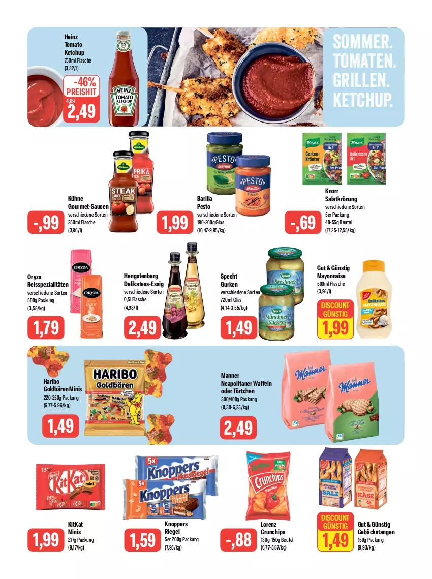 Aktueller Prospekt Feneberg - Prospekte - von 20.07 bis 22.07.2023 - strona 9 - produkty: barilla, beutel, chips, crunchips, delikatess-essig, discount, eis, essig, flasche, goldbären, gourmet-sauce, grill, gurke, gurken, haribo, heinz, hengstenberg, ketchup, kitkat, knoppers, knorr, Kühne, lorenz, lorenz crunchips, Manner, mayonnaise, oryza, pesto, reis, reiss, riegel, salat, salatkrönung, sauce, saucen, specht, Spezi, Ti, tomate, tomaten, tomato ketchup, Törtchen, waffeln, Yo