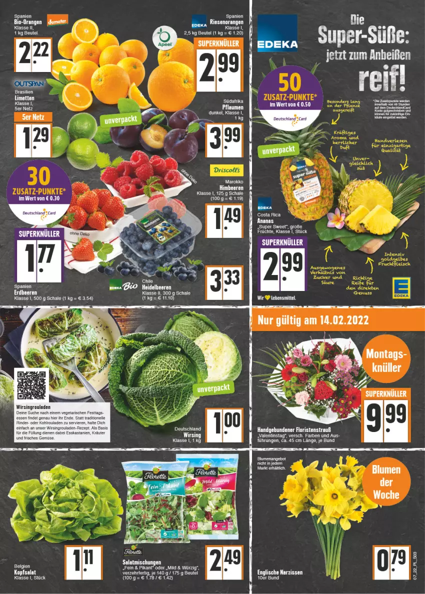 Aktueller Prospekt E Center - Angebote der Woche - von 14.02 bis 19.02.2022 - strona 3 - produkty: ananas, angebot, beere, beeren, beutel, bio, blume, blumen, elle, Esskastanien, früchte, himbeer, himbeere, himbeeren, Kohlrouladen, kopfsalat, kräuter, lebensmittel, Narzissen, orange, orangen, pflaume, pflaumen, rezept, rind, rinder, rouladen, salat, Schal, Schale, Ti, Vegeta, Wirsing