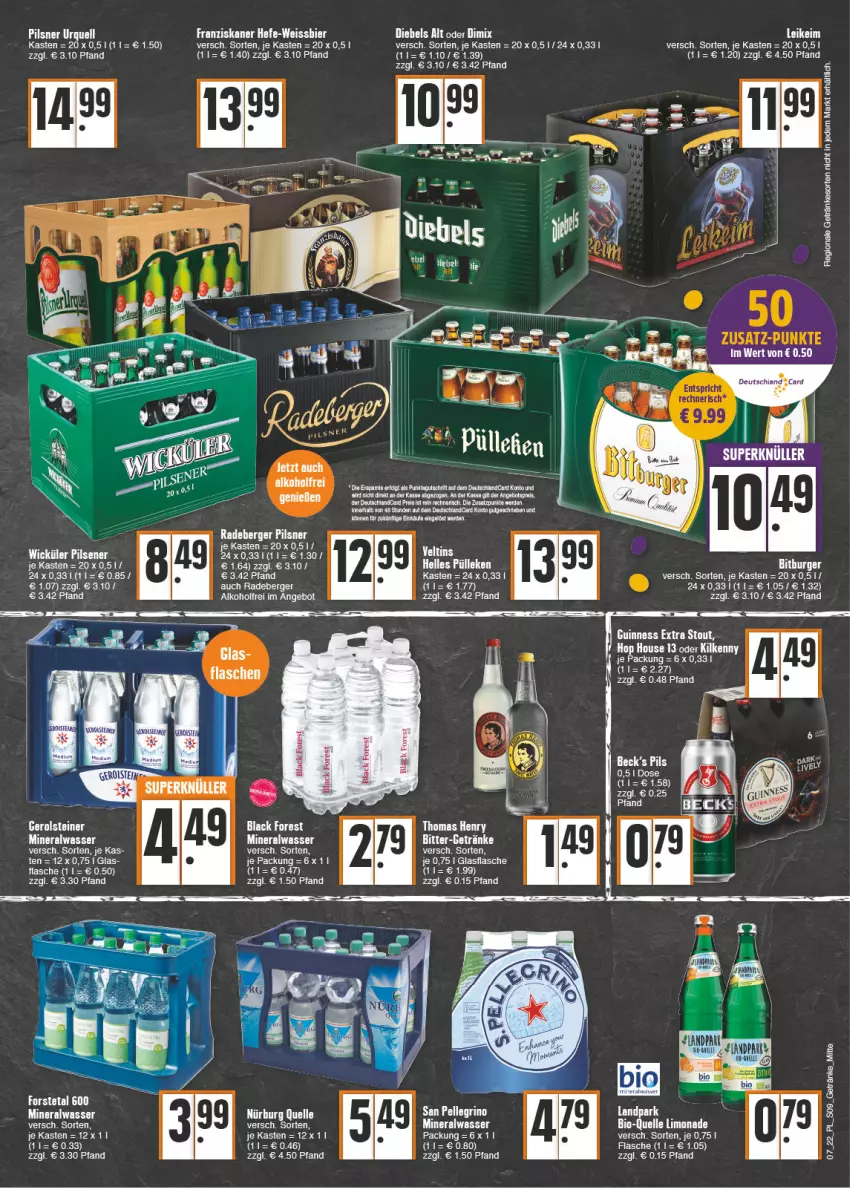 Aktueller Prospekt E Center - Angebote der Woche - von 14.02 bis 19.02.2022 - strona 9 - produkty: alkohol, Alwa, angebot, angebotspreis, Berger, bett, Betten, bier, bio, black forest, eis, elle, erde, flasche, Forstetal, franziskaner, getränk, getränke, glasflasche, Guinness, Hefe, Kilkenny, lack, limo, limonade, mineralwasser, pils, pilsner, radeberger, radeberger pilsner, reis, tee, Ti, wasser, weissbier