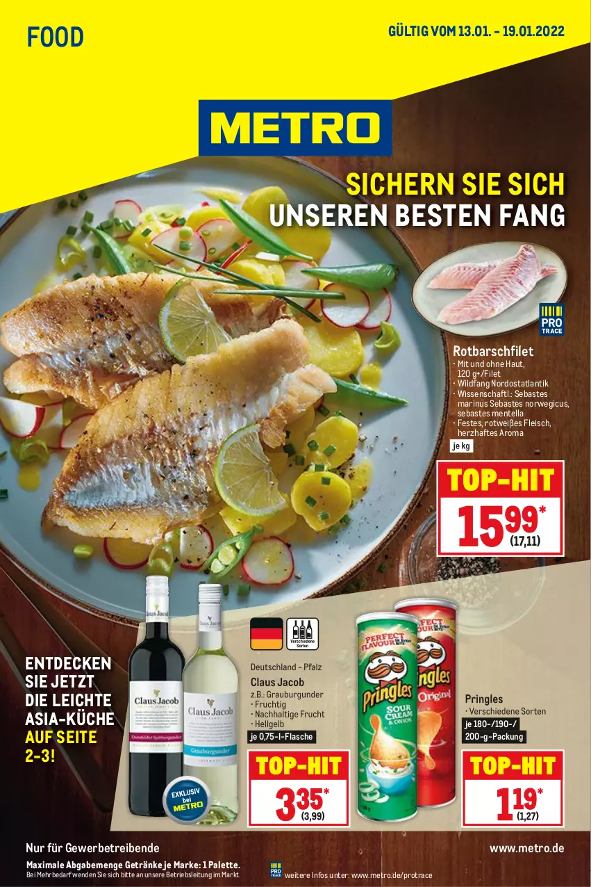 Aktueller Prospekt Metro - Food - von 13.01 bis 19.01.2022 - strona 1 - produkty: burgunder, decke, eis, ente, filet, flasche, fleisch, frucht, getränk, getränke, grauburgunder, küche, LG, Metro, Palette, pringles, ring, Rotbarsch, rotbarschfilet, rwe, Ti, top-hit, Wild