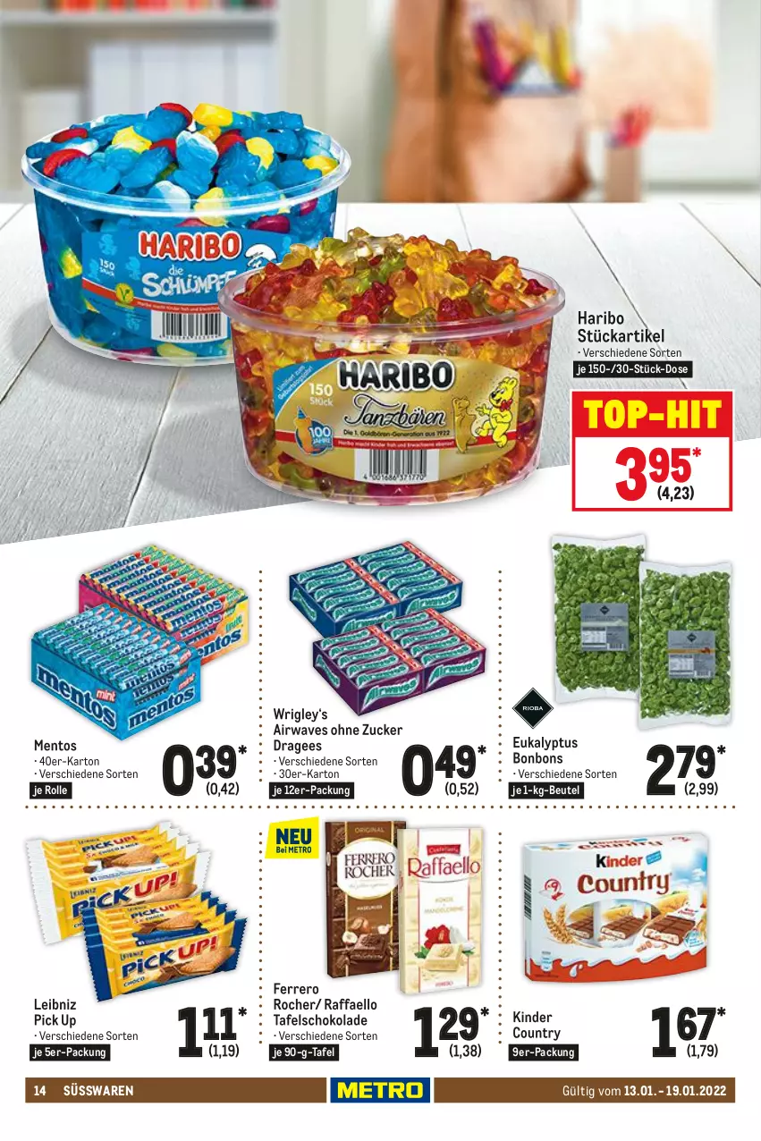 Aktueller Prospekt Metro - Food - von 13.01 bis 19.01.2022 - strona 14 - produkty: beutel, bonbons, ferrero, Ferrero Rocher, haribo, Kinder, kinder country, leibniz, mentos, raffaello, schoko, schokolade, süsswaren, tafelschokolade, Ti, top-hit, zucker