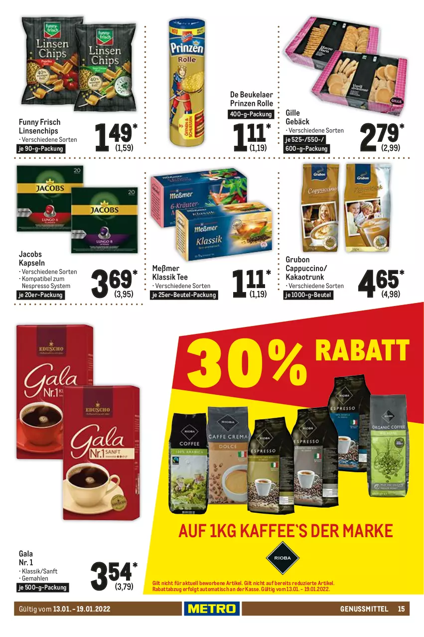 Aktueller Prospekt Metro - Food - von 13.01 bis 19.01.2022 - strona 15 - produkty: auto, beutel, Cap, cappuccino, chips, cin, de beukelaer, espresso, Funny Frisch, jacobs, kaffee, kakao, LG, linsen, Meßmer, nespresso, nuss, prinzen rolle, tee, Ti, tisch