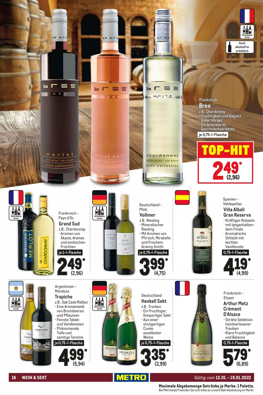 Aktueller Prospekt Metro - Food - von 13.01 bis 19.01.2022 - strona 16 - produkty: ananas, beere, beeren, bree, brombeere, brombeeren, chardonnay, cuvée, elle, ente, flasche, frucht, früchte, früchten, getränk, getränke, grand sud, henkel, henkell, henkell sekt, mac, Palette, pfirsich, pflaume, pflaumen, riesling, rotwein, sac, sekt, Ti, tisch, top-hit, trauben, vanille, wein, weine