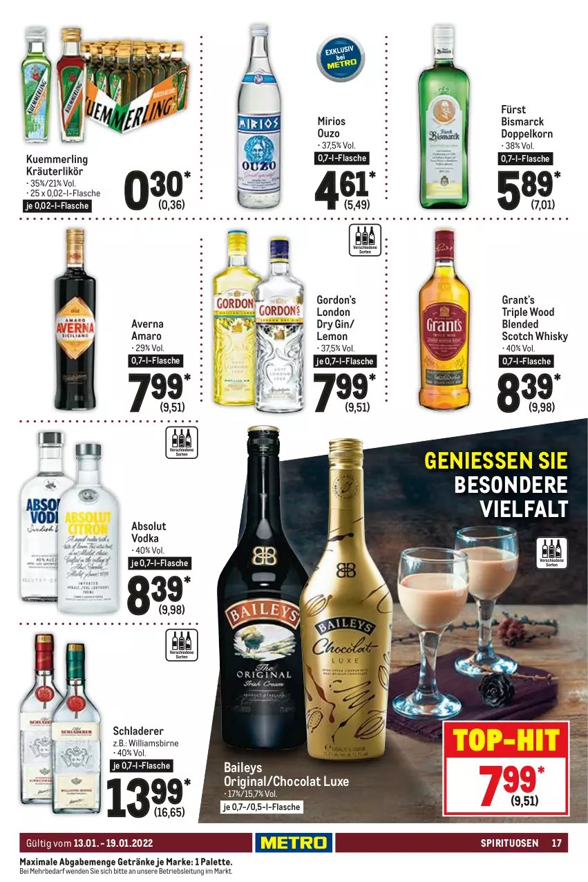 Aktueller Prospekt Metro - Food - von 13.01 bis 19.01.2022 - strona 17 - produkty: Absolut Vodka, amaro, averna, baileys, bismarck, blended scotch, blended scotch whisky, cola, doppelkorn, dry gin, flasche, getränk, getränke, gin, gordon, Gordon’s, korn, kräuter, kräuterlikör, kuemmerling, likör, london dry, london dry gin, merl, ouzo, Palette, Schladerer, scotch, scotch whisky, spirituosen, Ti, top-hit, vodka, whisky