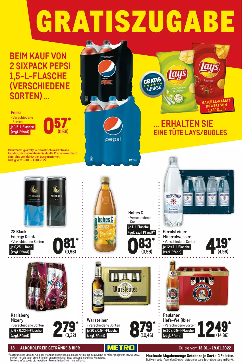 Aktueller Prospekt Metro - Food - von 13.01 bis 19.01.2022 - strona 18 - produkty: alkohol, alkoholfreie getränke, Alwa, auto, bier, bugles, drink, eis, elle, energy drink, flasche, gerolsteine, gerolsteiner, getränk, getränke, Hefe, Hohes C, karlsberg, karlsberg mixery, lack, lays, LG, mineralwasser, Mixer, mixery, natur, natura, Palette, Paula, paulaner, pepsi, regal, reis, rwe, steiner, Ti, tisch, Tüte, warsteiner, wasser