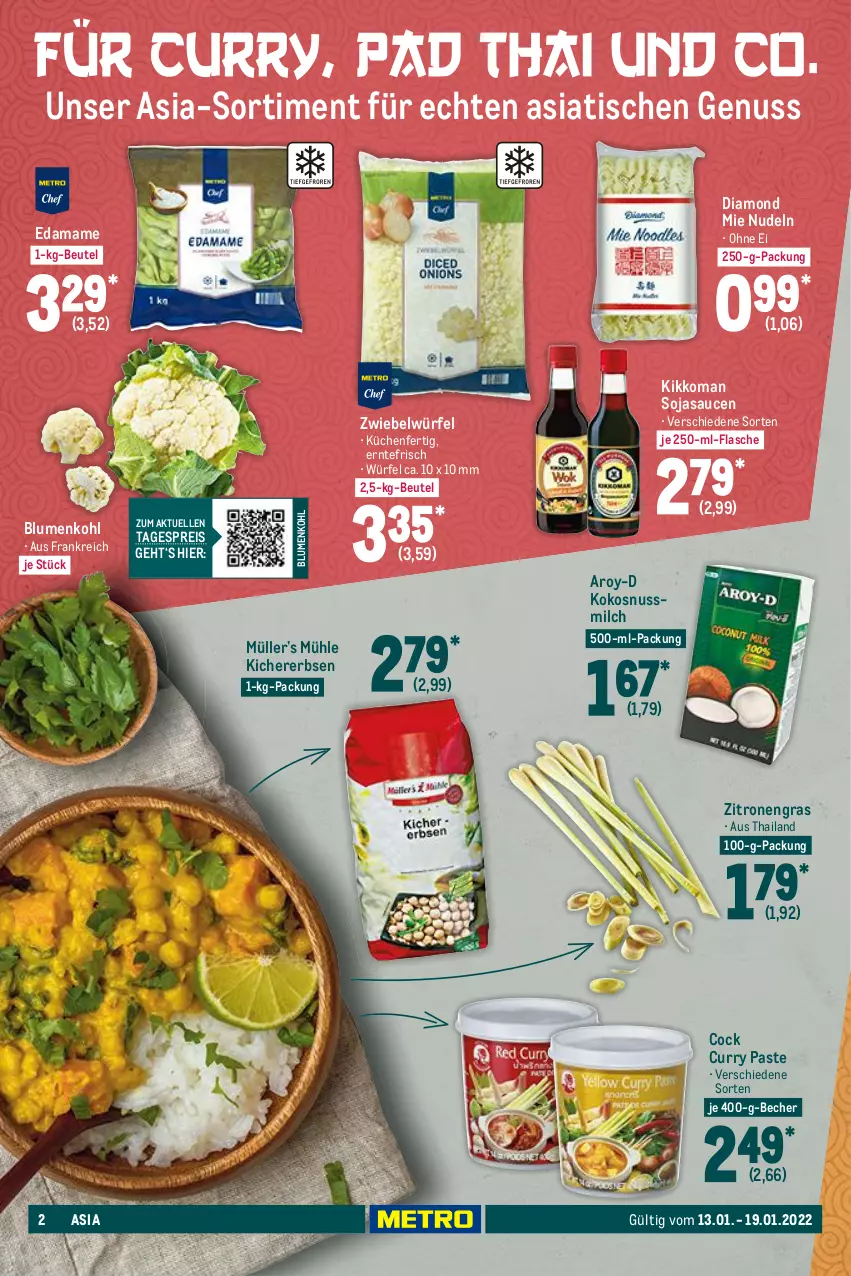 Aktueller Prospekt Metro - Food - von 13.01 bis 19.01.2022 - strona 2 - produkty: Becher, beutel, blume, blumen, blumenkohl, curry, eis, elle, erbsen, flasche, kichererbsen, kikkoman, kokos, kokosnuss, Kokosnussmilch, küche, Küchen, mam, milch, Müller, nudel, nudeln, nuss, reis, sauce, saucen, soja, sojasauce, Ti, tisch, würfel, zitrone, zitronen, zwiebel