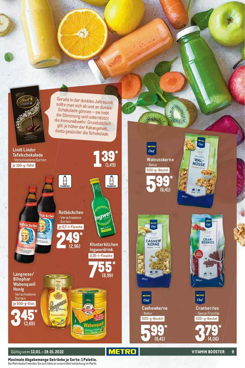 Aktueller Prospekt Metro - Food - von 13.01 bis 19.01.2022 - strona 9 - produkty: beutel, bihophar, Cashew, cashewkerne, cranberries, drink, flasche, früchte, getränk, getränke, honig, ingwer, langnese, lindor, lindt, natur, nuss, Palette, schoko, schokolade, tafelschokolade, Ti, vita, Vitamin B, walnuss, walnusskerne