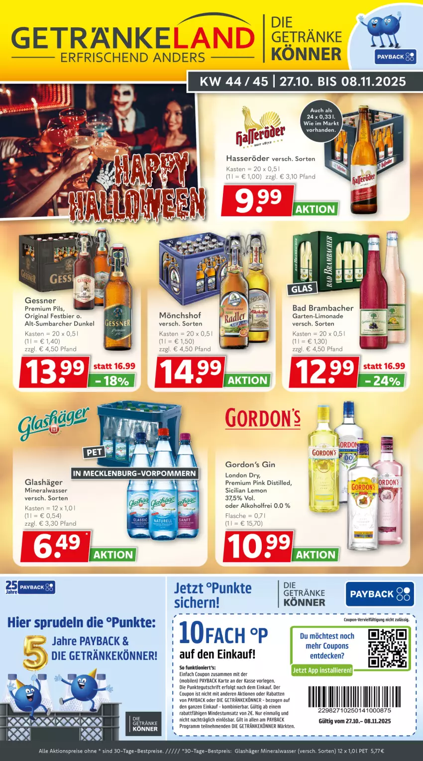 Aktueller Prospekt Getraenkeland - von 26.10 bis 07.11.2025 - strona 1 - produkty: aktionspreis, alkohol, Alwa, Bad, bestpreis, bestpreise, bier, coupon, decke, eier, eis, flasche, Garten, Gessner, getränk, getränke, gin, gordon, hasseröder, LG, limo, limonade, london dry, mineralwasser, mönchshof, payback, pils, premium pils, reis, Sprudel, Ti, wasser