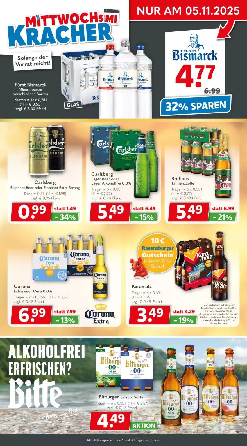 Aktueller Prospekt Getraenkeland - von 26.10 bis 07.11.2025 - strona 3 - produkty: aktionspreis, alkohol, Alwa, bestpreis, bestpreise, bismarck, bitburger, burger, carlsberg, corona, corona extra, disney, eis, gutschein, karamalz, malz, mineralwasser, rama, ravensburger, reis, Ti, wasser, Yo