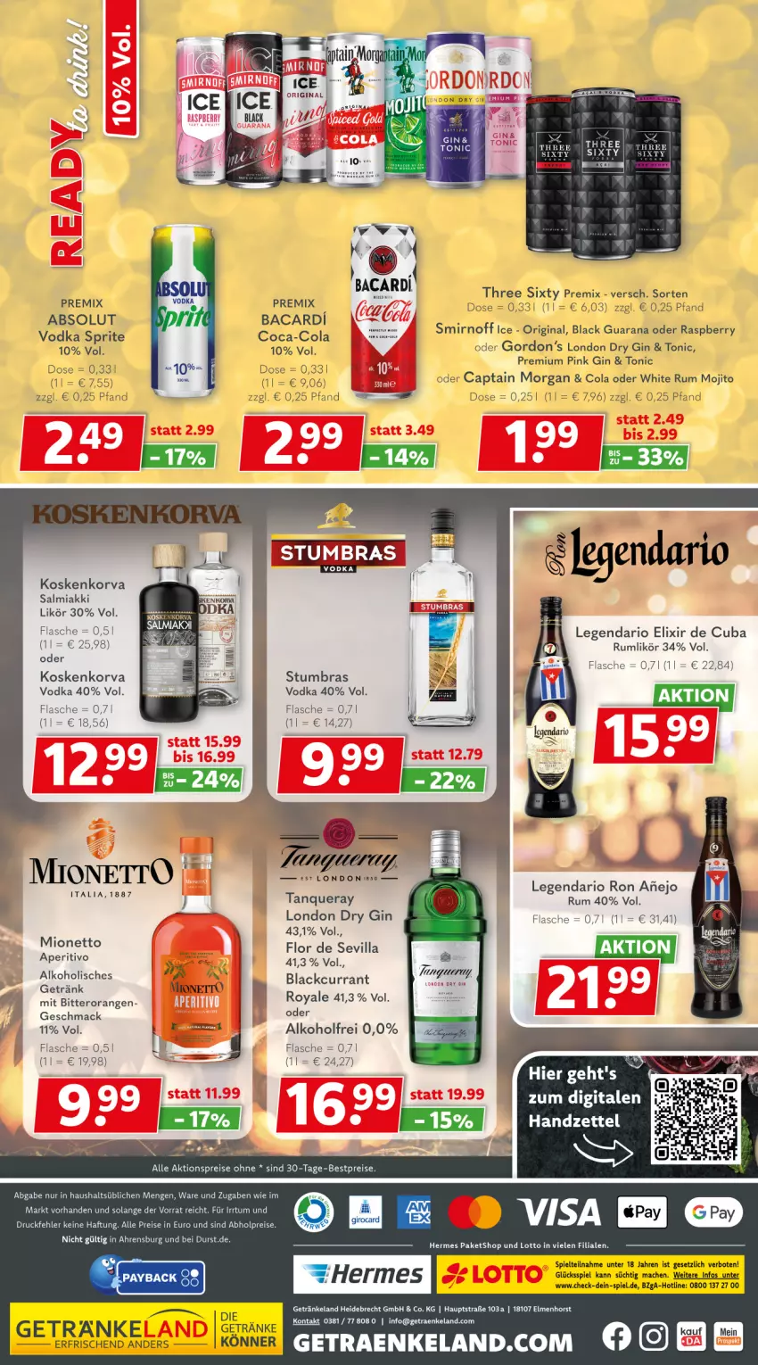 Aktueller Prospekt Getraenkeland - von 26.10 bis 07.11.2025 - strona 6 - produkty: abholpreise, aktionspreis, alkohol, bacardi, bestpreis, bestpreise, Cap, captain morgan, coca-cola, cola, Currant, dry gin, eis, Elan, flasche, getränk, getränke, gin, gordon, Gordon’s, lack, likör, london dry, london dry gin, mac, mionetto, mojito, orange, orangen, Rana, raspberry, reis, rum, smirnoff, sprite, Tanqueray, Three Sixty, Ti, tonic, vodka, white rum
