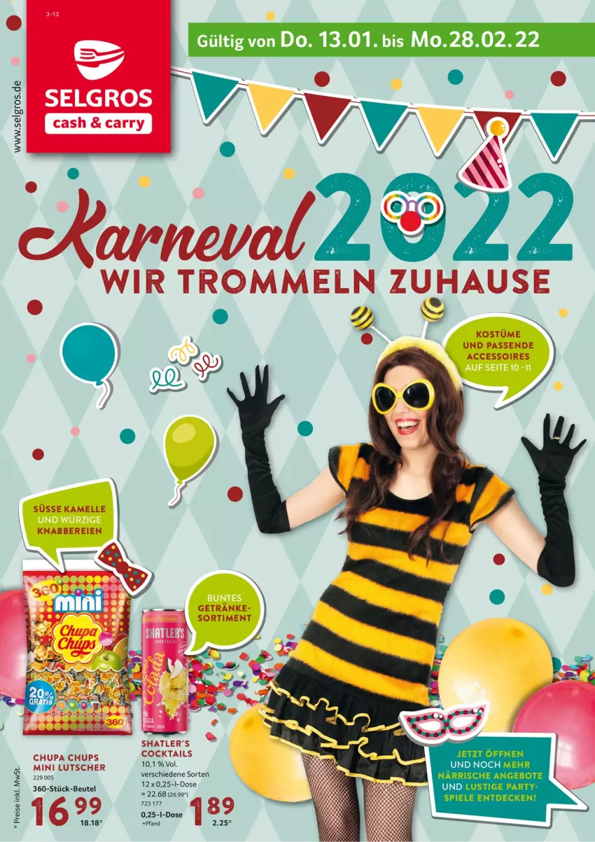 Aktueller Prospekt Selgros - Vorschau:
            Karneval - von 13.01 bis 28.02.2022 - strona 1 - produkty: ACC, accessoires, angebot, angebote, beutel, chupa, chupa chups, elle, getränk, getränke, LG, Lusti, Lutscher, Ti, trommel