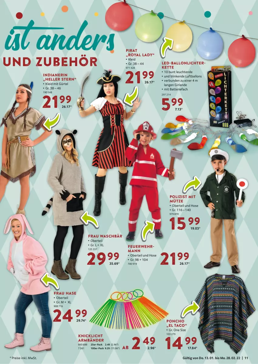 Aktueller Prospekt Selgros - Vorschau:
            Karneval - von 13.01 bis 28.02.2022 - strona 11 - produkty: ball, batterie, eis, elle, Girlande, hose, Kette, kleid, Knicklicht, Leuchte, leuchten, Luftballon, Mütze, reis, rwe, Ti