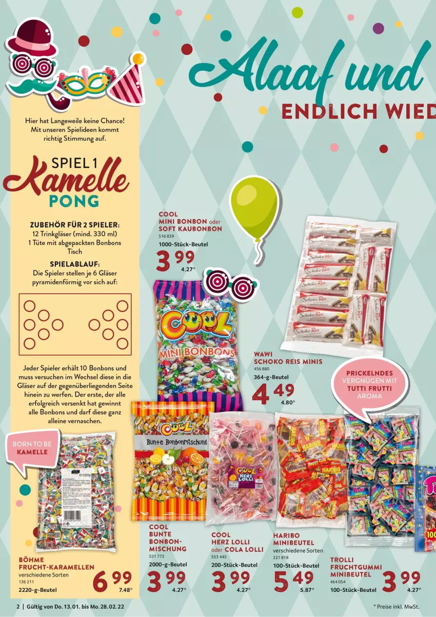 Aktueller Prospekt Selgros - Vorschau:
            Karneval - von 13.01 bis 28.02.2022 - strona 2 - produkty: beutel, bonbons, cola, eis, elle, frucht, fruchtgummi, Gläser, haribo, karamell, leine, LG, Liege, reis, schoko, Spiele, Ti, tisch, trolli, Tüte