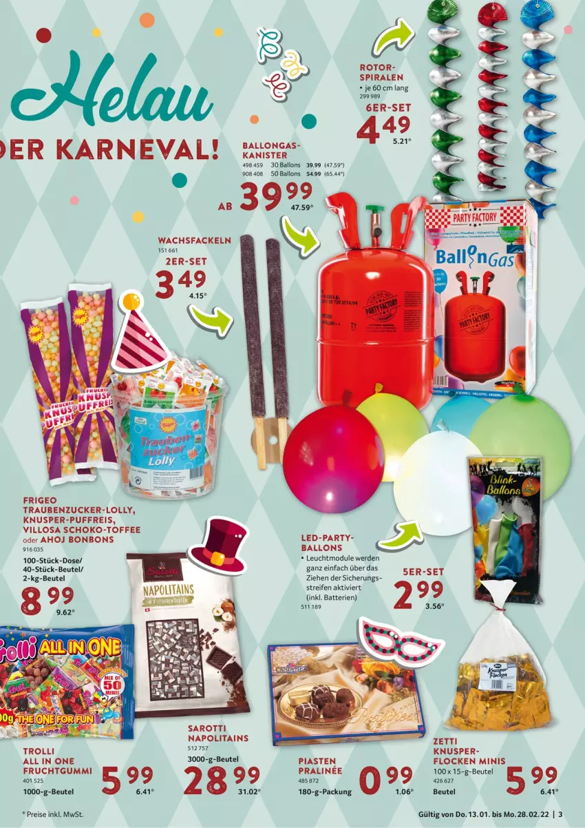 Aktueller Prospekt Selgros - Vorschau:
            Karneval - von 13.01 bis 28.02.2022 - strona 3 - produkty: ball, batterie, batterien, beutel, bonbons, eis, erde, frucht, fruchtgummi, reifen, reis, saro, sarotti, schoko, Ti, trauben, trolli, zucker