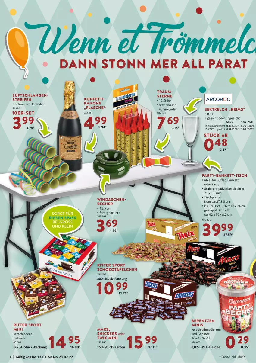 Aktueller Prospekt Selgros - Vorschau:
            Karneval - von 13.01 bis 28.02.2022 - strona 4 - produkty: auer, Bank, Becher, berentzen, eis, flasche, HP, lamm, latte, Luftschlangen, mars, oder twix, pet-flasche, reifen, reis, ritter, ritter sport, schoko, sekt, snickers, Sport, Ti, tisch, tischplatte, twix