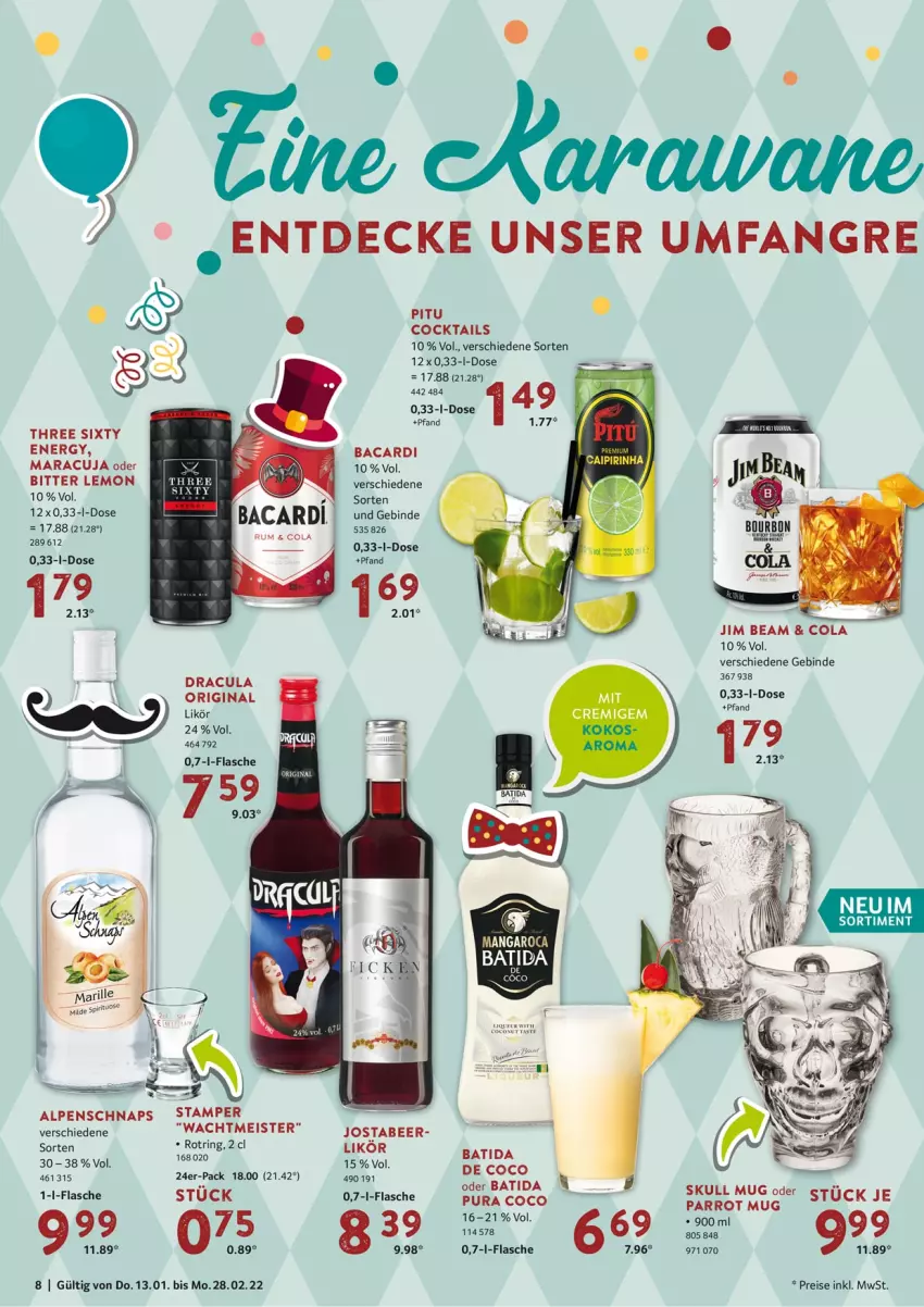 Aktueller Prospekt Selgros - Vorschau:
            Karneval - von 13.01 bis 28.02.2022 - strona 8 - produkty: bacardi, batida, bitter lemon, cocktail, cocktails, cola, decke, eis, flasche, gin, jim beam, likör, maracuja, Meister, reis, ring, Three Sixty, Ti