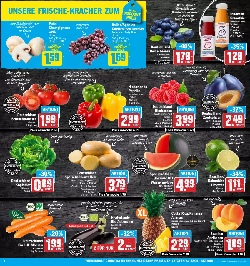 Aktueller Prospekt Aez - Prospekte - von 24.07 bis 29.07.2023 - strona 2 - produkty: ananas, aprikose, aprikosen, aubergine, auer, beere, beeren, berliner, bio, bio hit, braten, champignon, champignons, discount, eis, flasche, fleisch, frucht, fruchtfleisch, Frühkartoffeln, gin, grill, heidelbeere, heidelbeeren, himbeer, himbeere, himbeeren, Innocent, joghur, joghurt, kartoffel, kartoffeln, kopfsalat, kracher, küche, kuchen, kühlschrank, limette, limetten, mac, marmelade, melone, Mett, metten, möhren, nuss, obst, paprika, Pfannkuchen, Rauch, reis, rwe, saft, salat, salate, Schal, Schale, Schrank, smoothie, snack, speisefrühkartoffeln, strauchtomaten, tafeltrauben, Ti, tisch, tomate, tomaten, trauben, wasser, wassermelone, ZTE, zucker