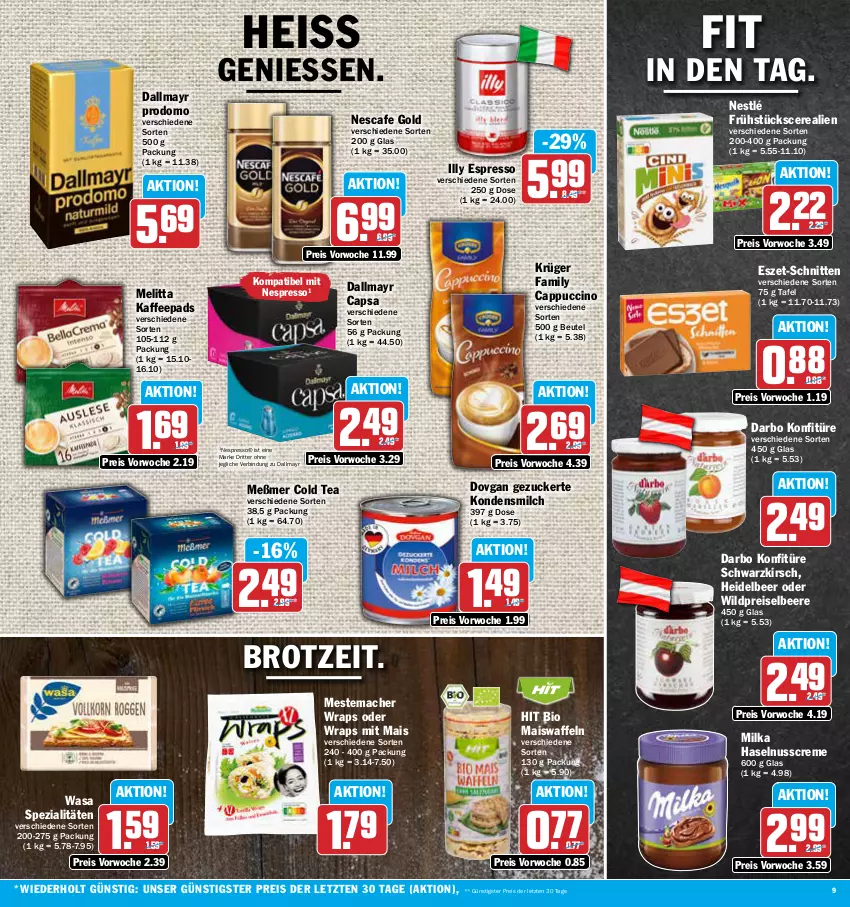 Aktueller Prospekt Aez - Prospekte - von 24.07 bis 29.07.2023 - strona 9 - produkty: beere, beutel, bio, brot, Cap, cappuccino, cerealien, cin, creme, dallmayr, dallmayr capsa, dallmayr prodomo, darbo, dovgan, eis, espresso, haselnuss, Haselnusscreme, kaffee, kaffeepads, kirsch, kondensmilch, konfitüre, krüger, mac, mais, Maiswaffeln, melitta, Meßmer, mestemacher, milch, milka, nescafe, nespresso, nestlé, nuss, prodomo, reis, ritter, schnitten, Spezi, Ti, waffeln, wasa, Wild, wrap, wraps, ZTE, zucker