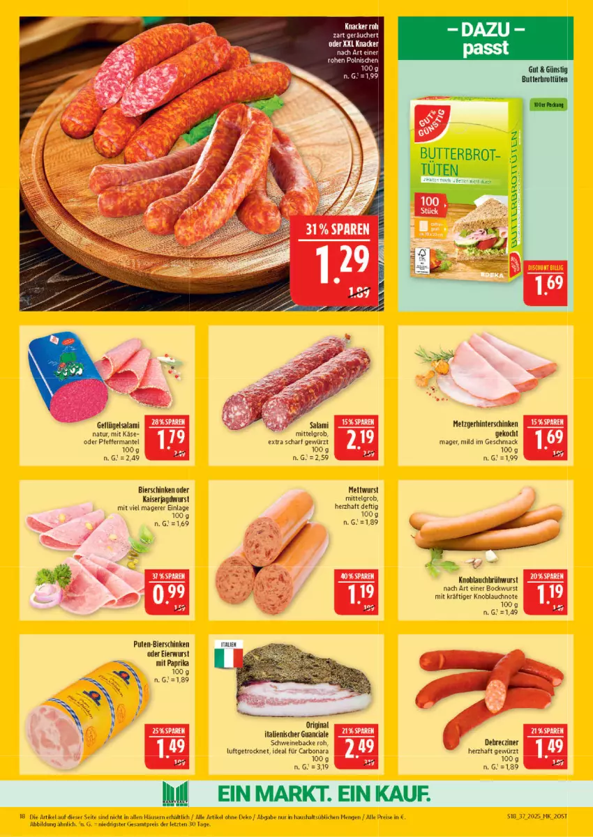 Aktueller Prospekt Marktkauf - Prospekt - von 07.09 bis 13.09.2025 - strona 18 - produkty: bier, bierschinken, bockwurst, Bona, brot, Brühwurst, butter, debrecziner, eier, eis, Geflügel, gewürz, gin, hinterschinken, jagdwurst, Kaiser, Käse, knacker, knoblauch, Knoblauchbrühwurst, LG, mac, Mantel, Mett, mettwurst, mit paprika, natur, paprika, pfeffer, pute, reis, salami, schinken, schwein, schweine, Ti, Tüte, wein, weine, wurst, ZTE
