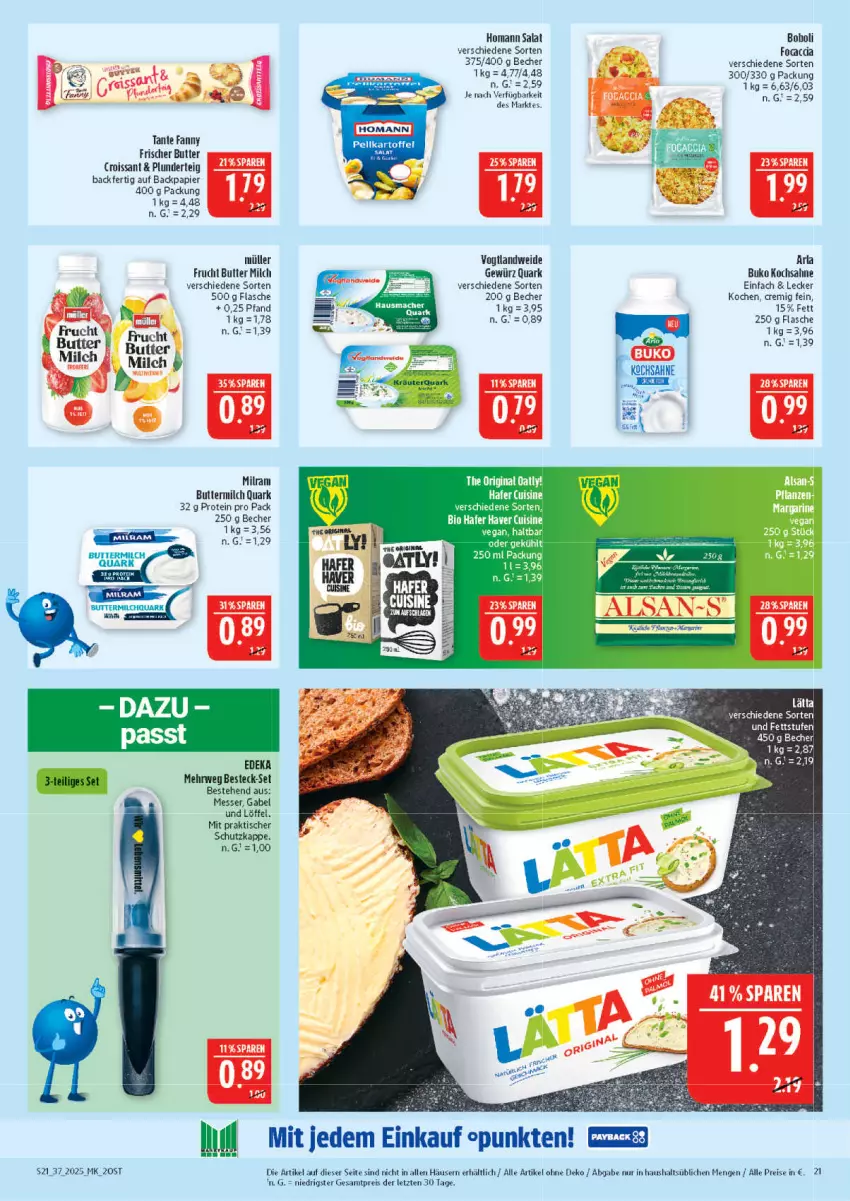 Aktueller Prospekt Marktkauf - Prospekt - von 07.09 bis 13.09.2025 - strona 21 - produkty: arla, Becher, besteck, besteck-set, Buko, butter, buttermilch, Croissant, deka, eis, erde, flasche, frucht, gabel, gewürz, hafer, homann, Löffel, messer, milch, milram, Müller, papier, Plunder, quark, reis, rwe, sahne, salat, tante fanny, Ti, tisch, ZTE